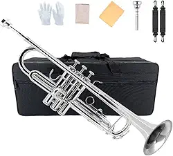 Yinfente Trompete Bb para Iniciantes e Avançados, Conjunto com Estojo Banhado a Prata, Bocal 7C, Kit de Limpeza, Luvas, Instrumento de Latão e Cuproníquel