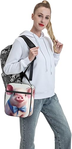 Miniatura 7 de OOZ Lonchera reutilizable a prueba de fugas para el trabajo, oficina, picnic o viajes, lindo cerdo con corbata de lazo azul, rosa