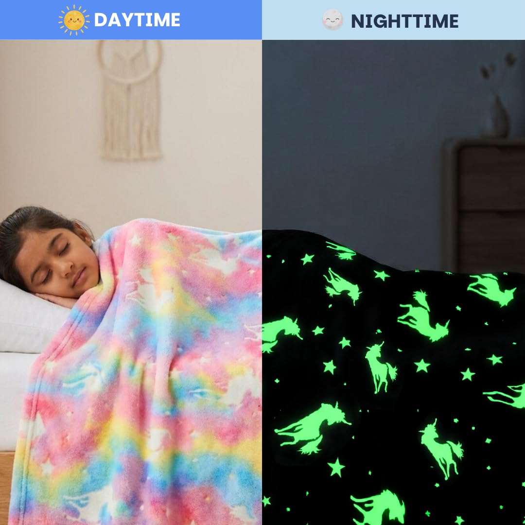 Famyo® Queen Size Glow in The Dark Blanket for Kids - Unicorn | 200x152 cm, 0-15 Years | Soft Flannel Fleece Throw | Cozy & Warm All-Season Glow Blanket | Ideal Gift for Boys & Girls (Pink) 1