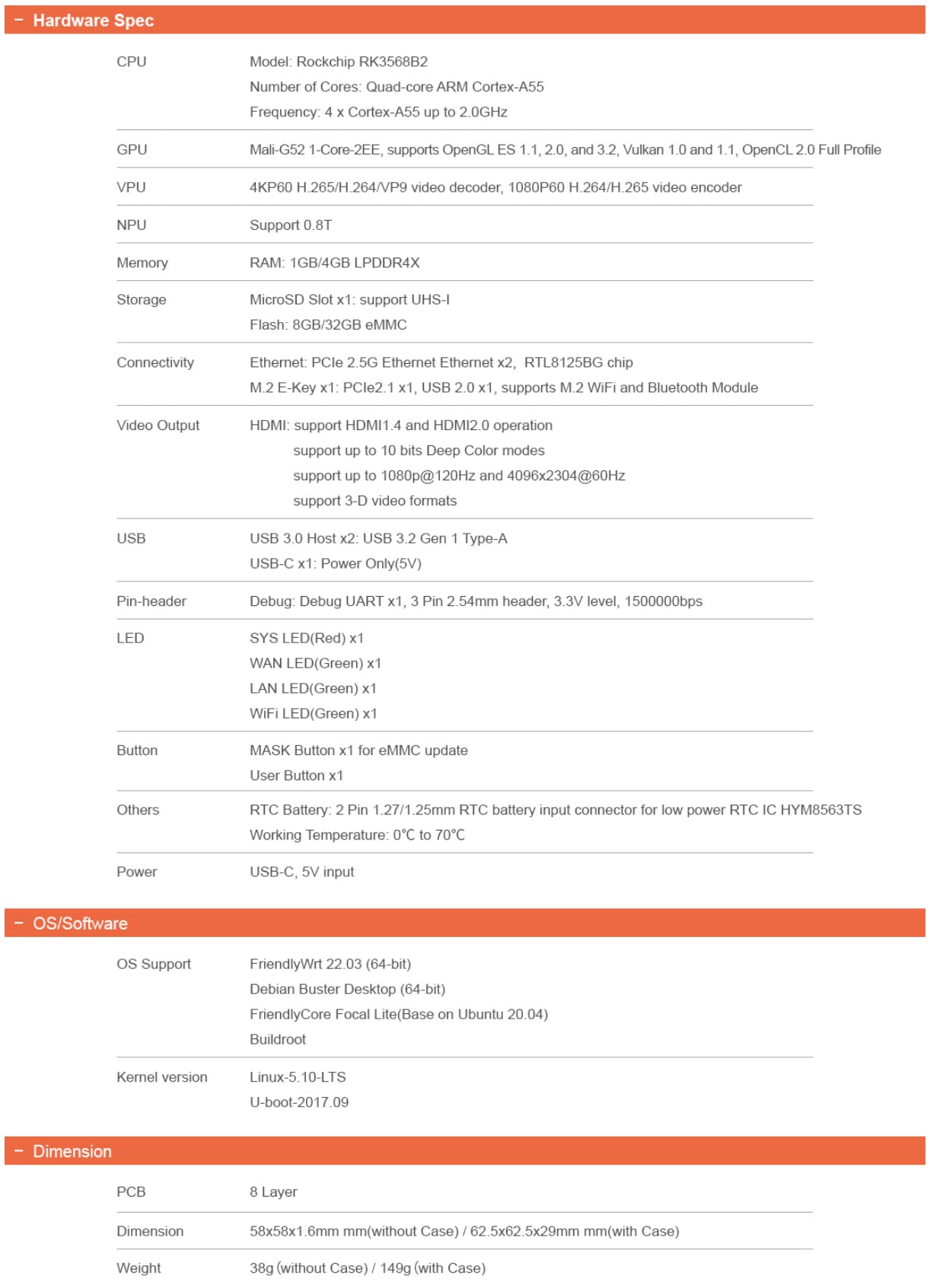 NanoPi R5C Mini routeur avec boîtier en métal, Carte de développement RK3568, 4 Go LPDDR4X 32 Go eMMC, NPU 0.8TOPS Support OpenWrt Docker, Deux Ports Ethernet, M.2, HDMI 2.0 (sans Module Wi-FI M.2)