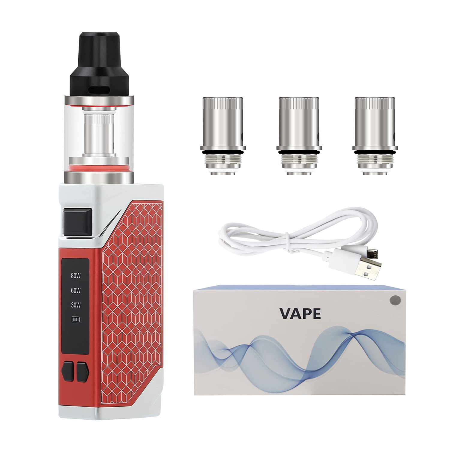 Discoball Big Cloud Vape Kit, 3 Levels Adjustable 80W Power E Cigarettes, 2200mAh Battery, Top Refill 2.0ml Atomizer, No Nicotine (Red +3 Spare Core)