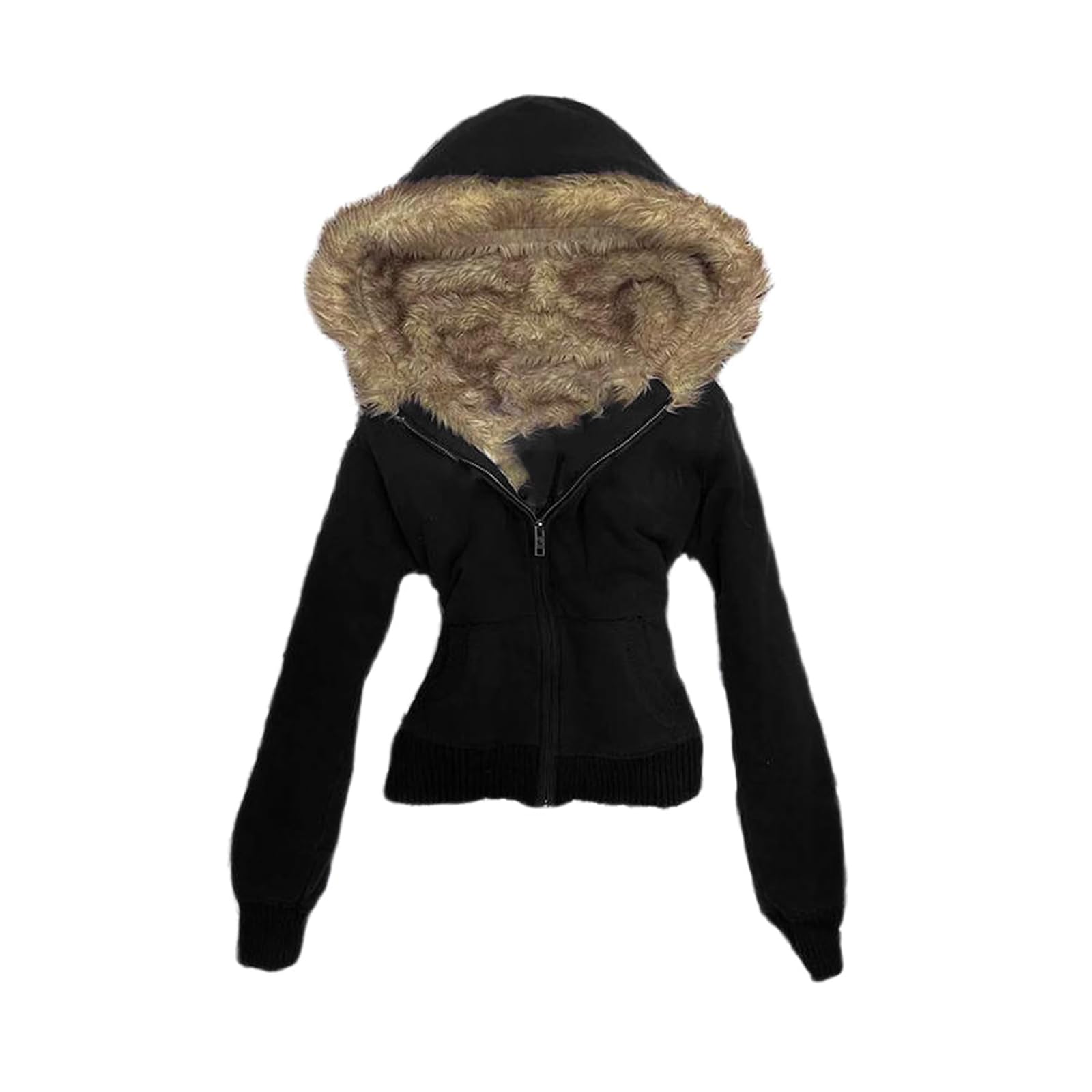 Damen Cropped Kurze Tailliert Y2K Zip Hoodie mit Fellkapuze Sweatjacke