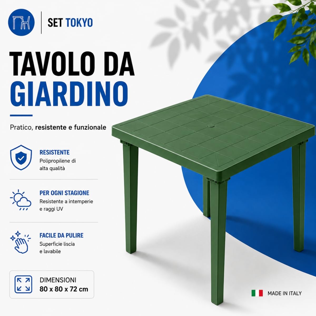 Tomaino Set Tokyo Tavolo da Giardino con 4 Sedie Impilabili con Braccioli Polipropilene Verde