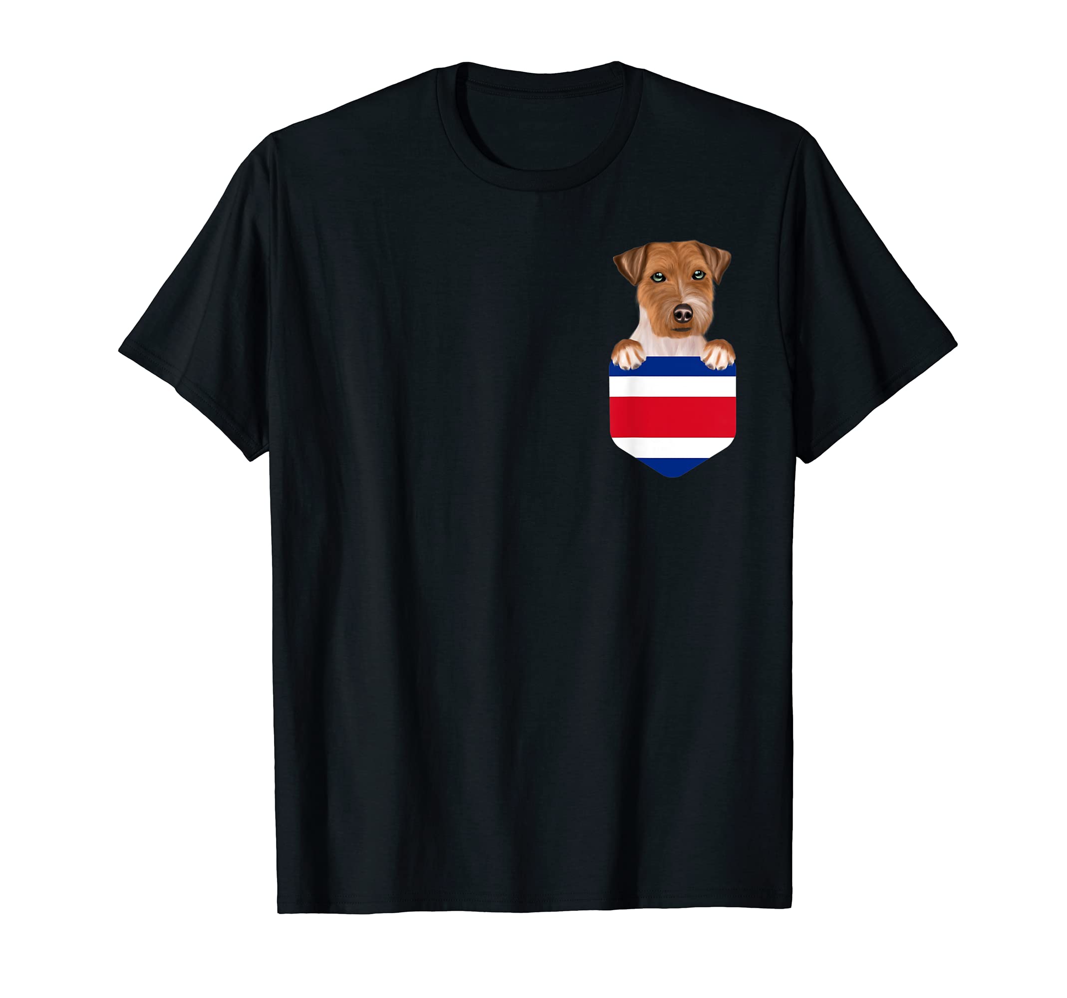 Costa Rica Flag Russell Terrier Dog In Pocket T-Shirt, Black
