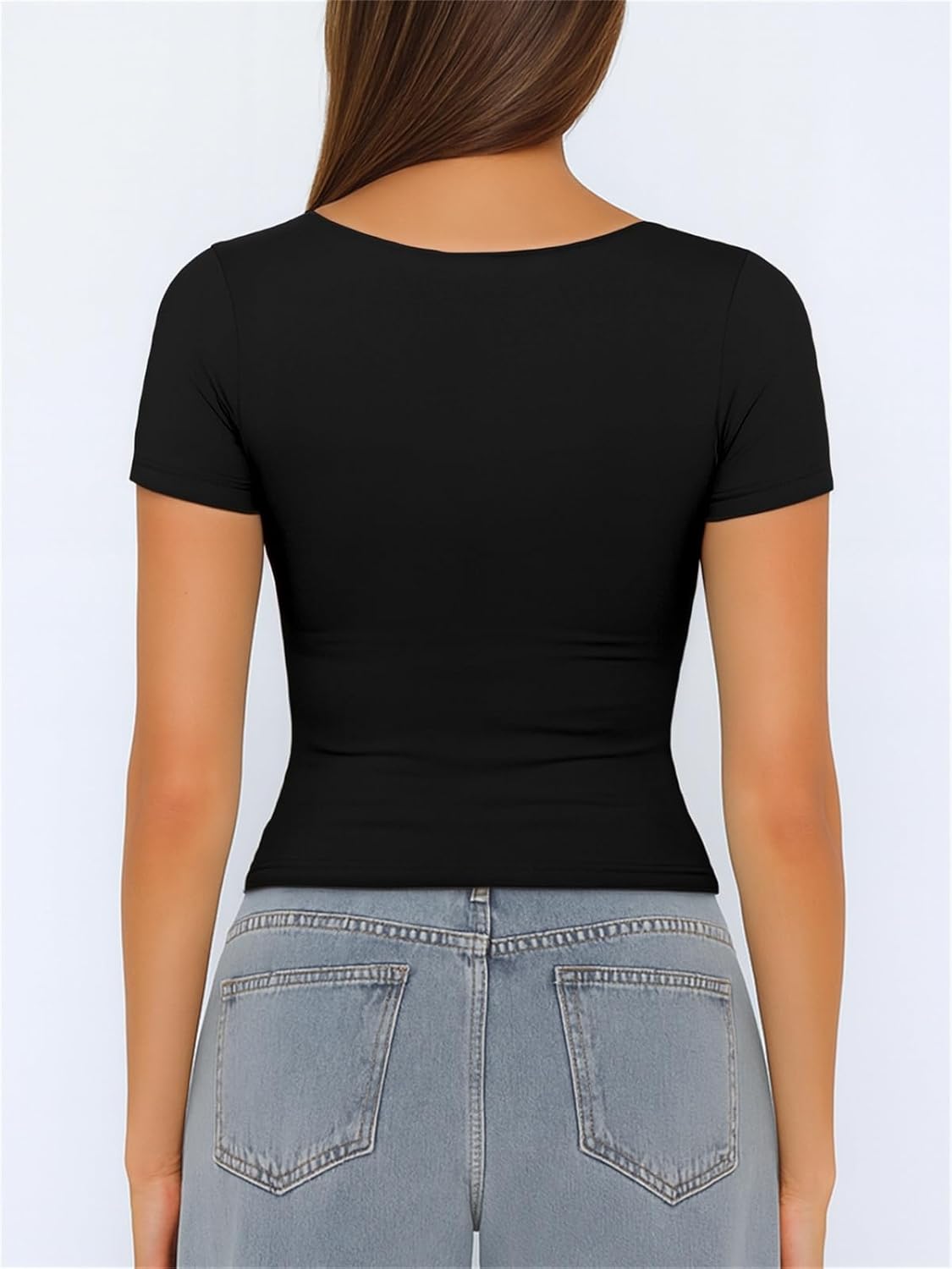 ForeFair Women's Square Neck Going Out Tops Double Lined Short Sleeve Basic Tight Tee Shirts - Image 4