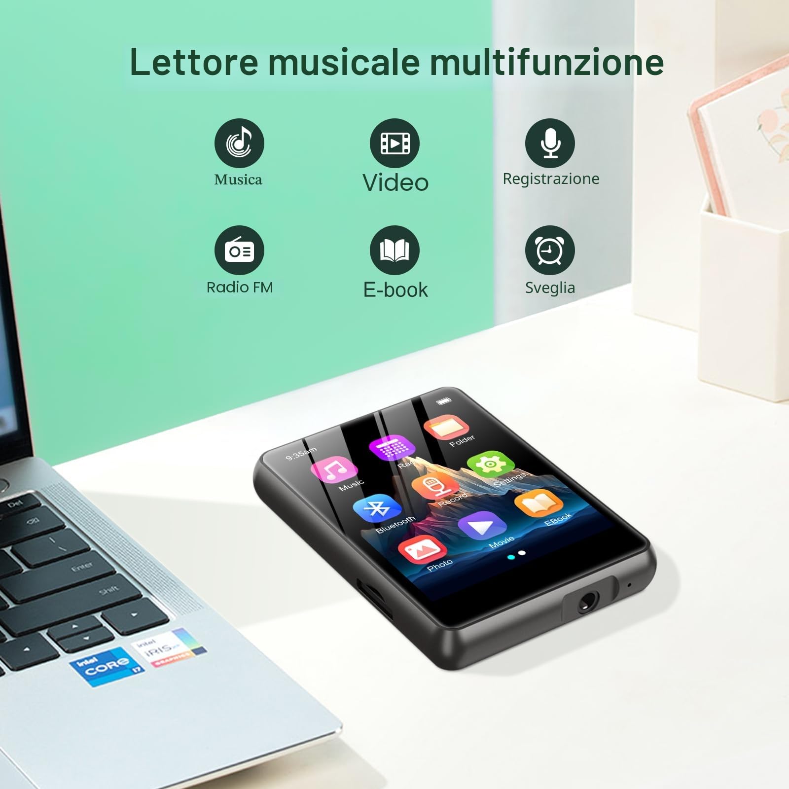 Lettore MP3 128GB Bluetooth 5.3, ZAQE 2,4” Full Touchscreen Lettore MP3 sportivo portatile, Altoparlanti integrati ad alta definizione, Radio FM, Registrazione, Line-In, Suono HiFi, fino a 512GB, Nero