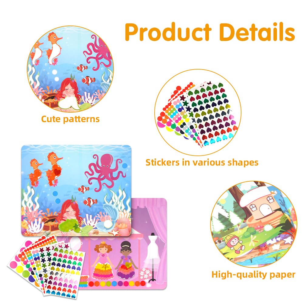 AUAUY 4PCS Sticky Mosaic Picture Kit for Creating Unicorn & Princess Dotty Sticker Art for Kids Double-Side Design Mosaic Tiles - Image 3
