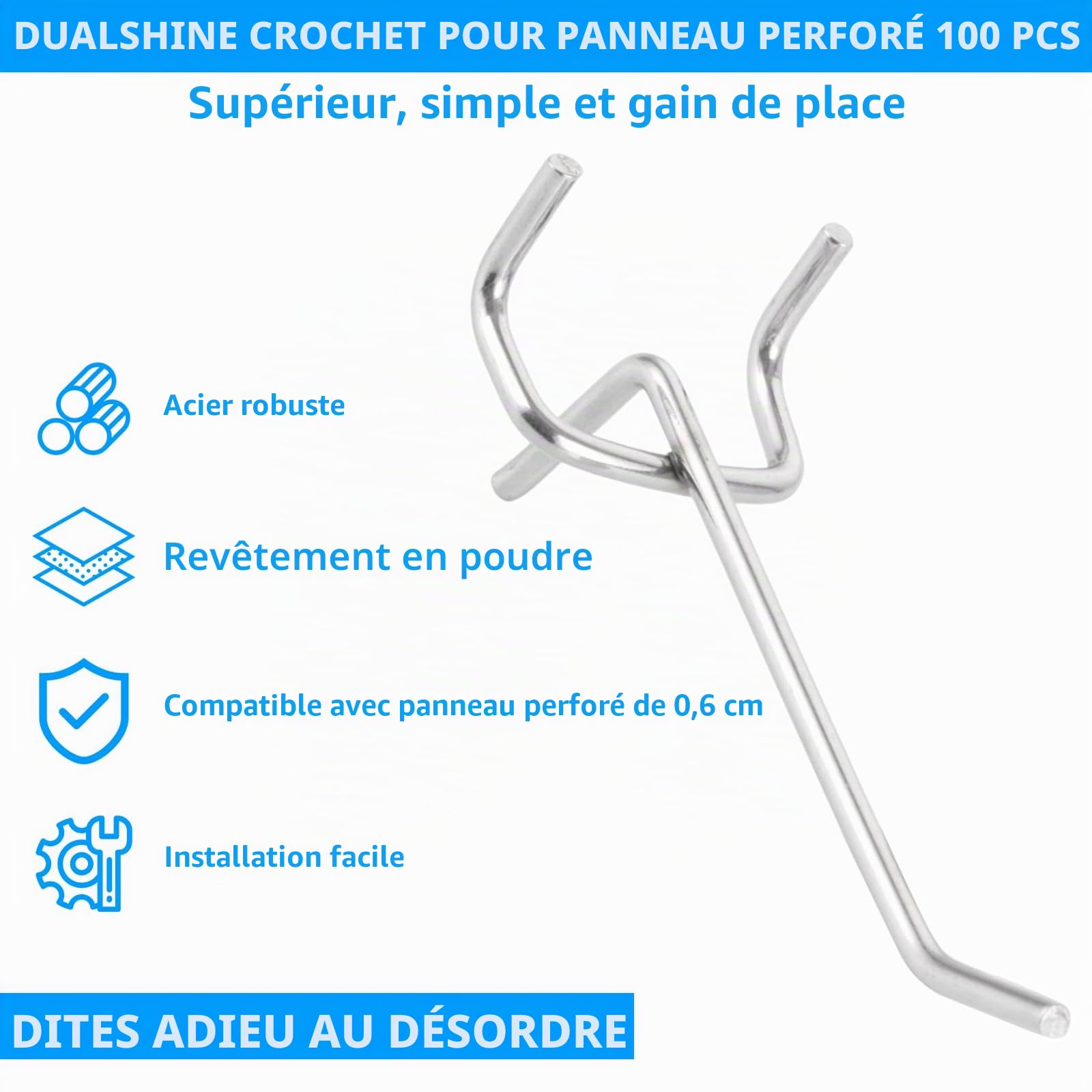 Lot de 100 Crochets pour Panneau Perforé (Pegboard), 10 cm, Ø 3.5 mm, 3.2 cm d'Écartement, Porte Mural Garage Atelier, Charge Max 3 kg