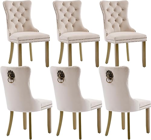 Miniatura 98 de Juego de 4 sillas de comedor de terciopelo beige, sillas tapizadas modernas para comedor con respaldo capitoné y acentos de madera, patas curvas de