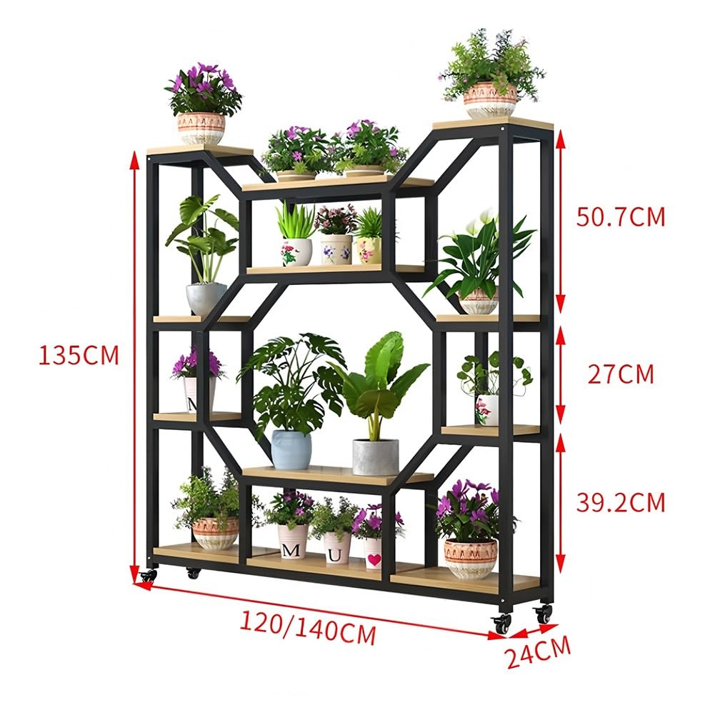 Soporte alto de metal para plantas con ruedas, estante rodante de 4 niveles, estante de exhibición de plantas para interiores y exteriores para balcón y sala de estar