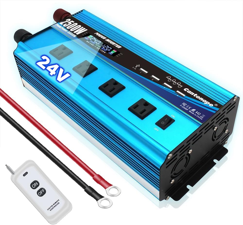Cantonape 2500W Pure Sine Wave Inverter DC 24V to 110V/120V AC with LCD Display, 4 AC Outlets, Wireless Remote Control Car Power Inverter for Outdoor RV Camping Truck
