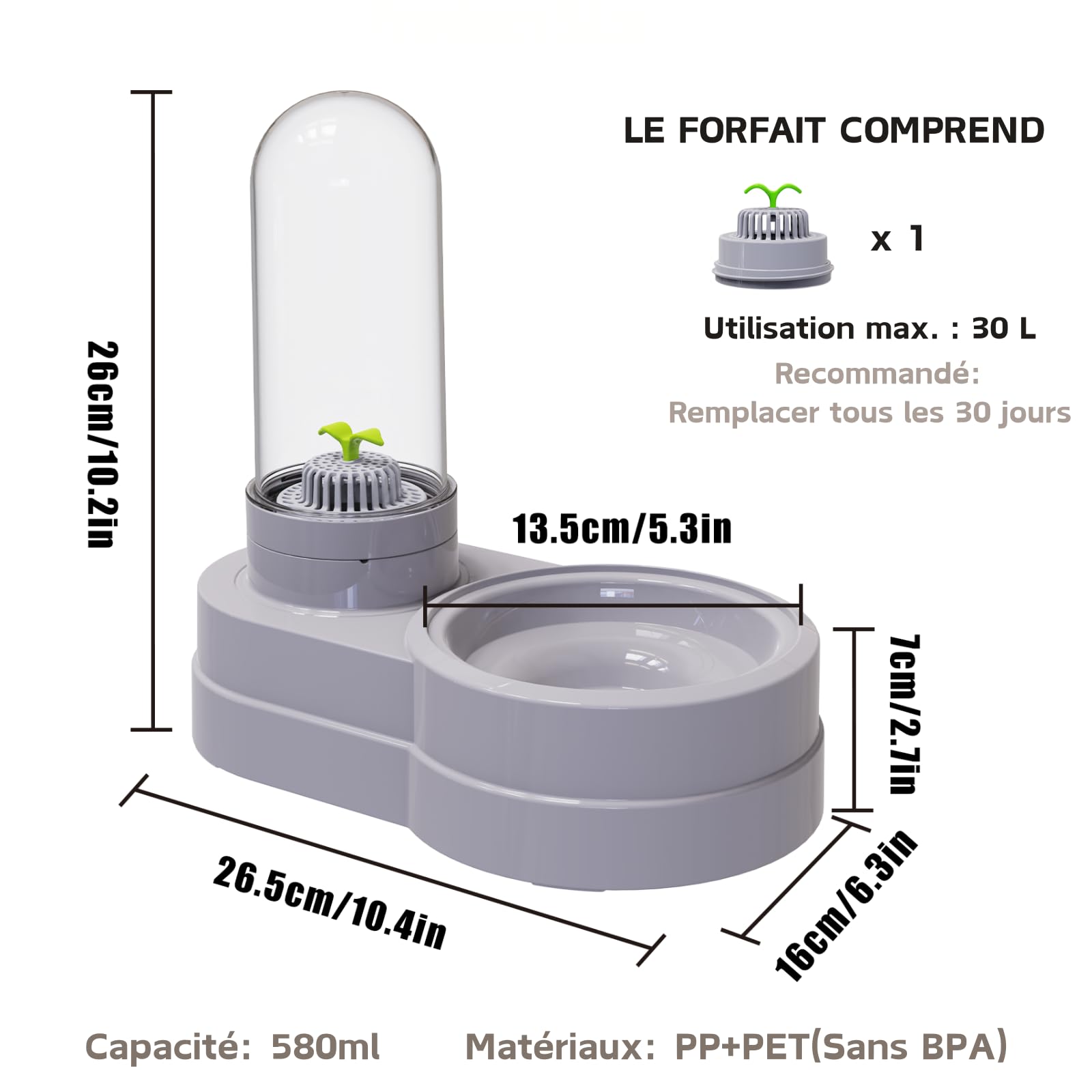 Distributeur d'eau pour Chat et Chien, 580 ML Automatique Gravitaire Fontaine à Eau avec Filtre pour Petit Chien Chat Lapin Petit Animal (Gris)