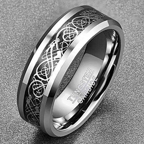 Vakki Celtic Dragon Rings for Men 8mm Blue/Silver Carbon Fiber Inlay Tungsten Carbide Wedding Band Beveled Edge Size 5-143