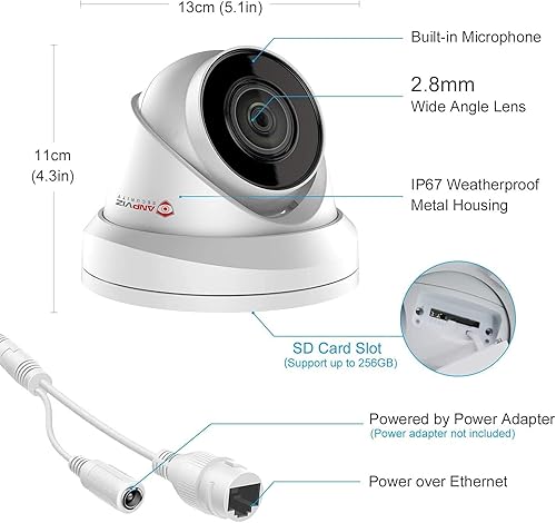 Miniatura 3 de Anpviz Cámara PoE de seguridad IP de 5 MP con micrófonoaudio, cámara de torreta de 5.3 MP (3072 * 1728), visión nocturna de 98 pies, lente de
