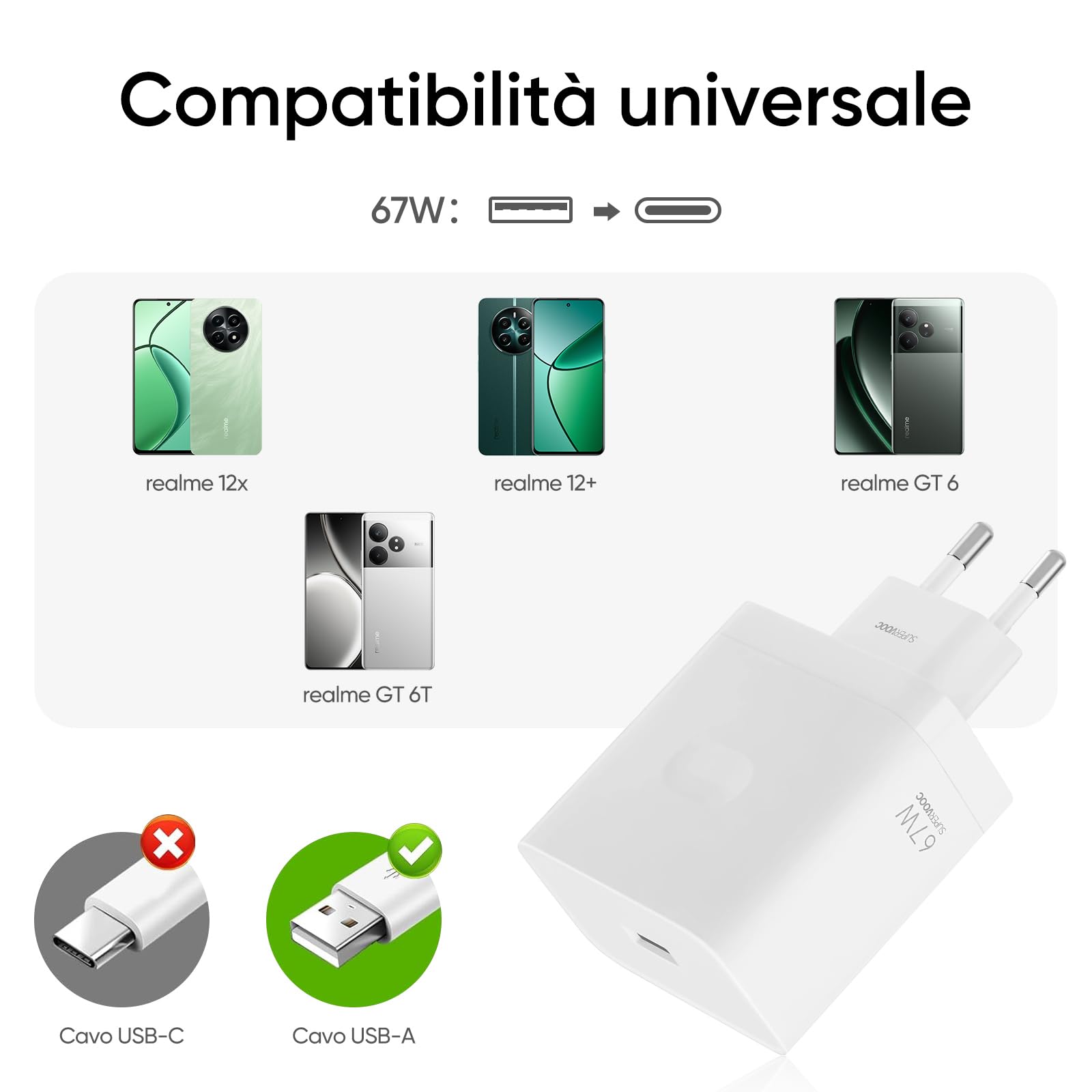 Adattatore di alimentazione realme SUPERVOOC 67W chager for realme 12 Pro+, 12 pro, 12+ 5G, 14 pro, 12x 5G, 12 5G, C75, C65, C67, C53, Note 60, Note 50, Porta USB di tipo A, Senza Cavo, Bianco