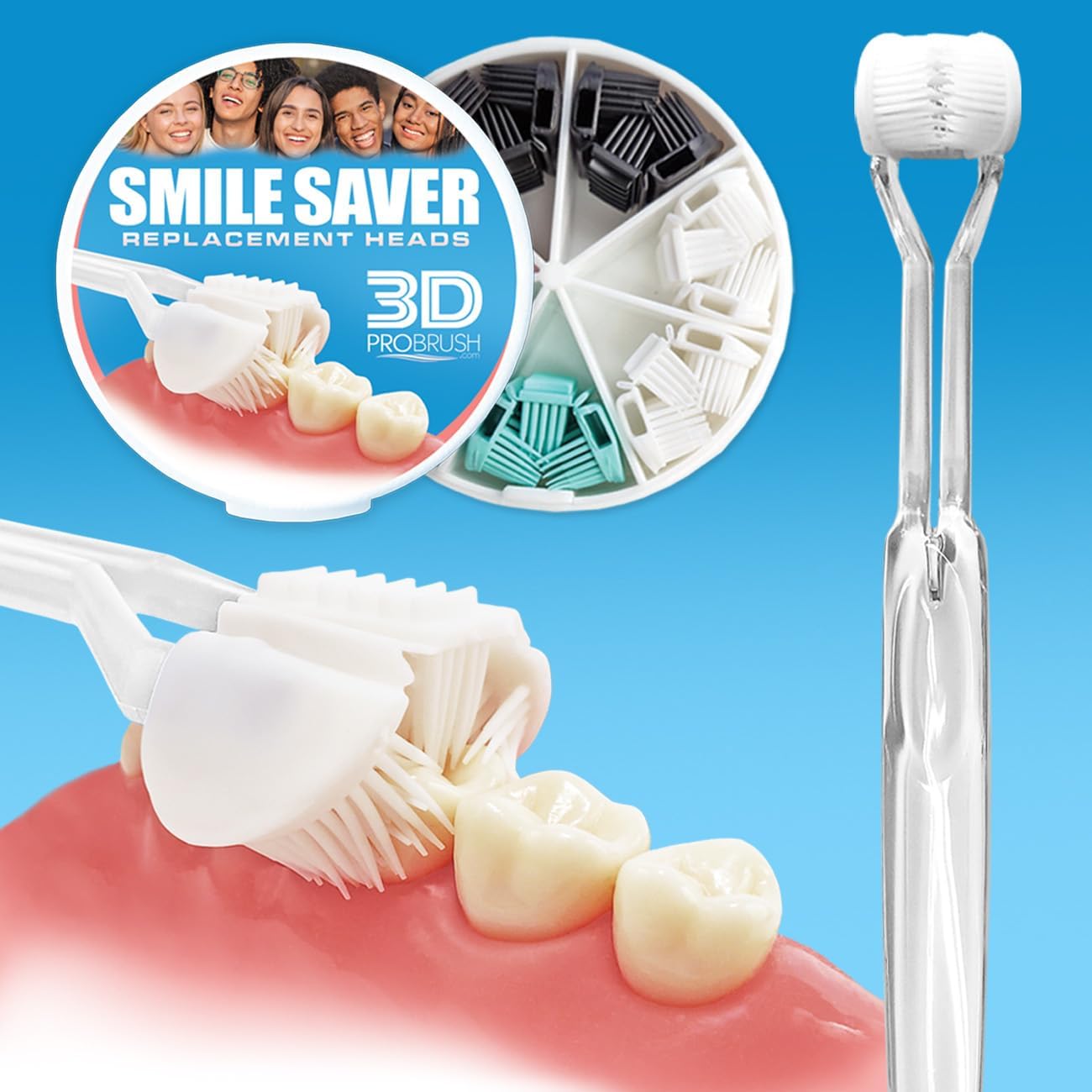 Smile Saver 360° 3-Sided Toothbrush + 7-Pack Eco Replacement Heads | N3XT Level Clean | 360 Gum Massage 3X Triple FL3X Design Soft Tongue Scraper Sensory Kids Oral Health Care Travel Three Made in USA