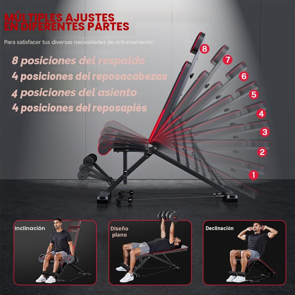 Banco de peso ajustable plegable con bandas de resistencia, capacidad de 300KG/660lbs, respaldo de 8 posiciones y marco de acero de aleación de plegado rápido para gimnasio en casa