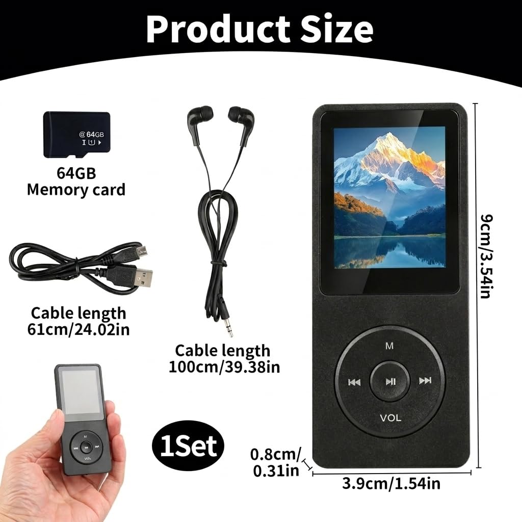 Lettore MP3 Bluetooth 5.3 64GB con Altoparlante, Autonomia 70H, Schermo 1,8”, MP4 Bluetooth Leggero, Lettore MP3 Bluetooth per Bambini Sport HiFi senza Perdita, Scheda TF 64GB