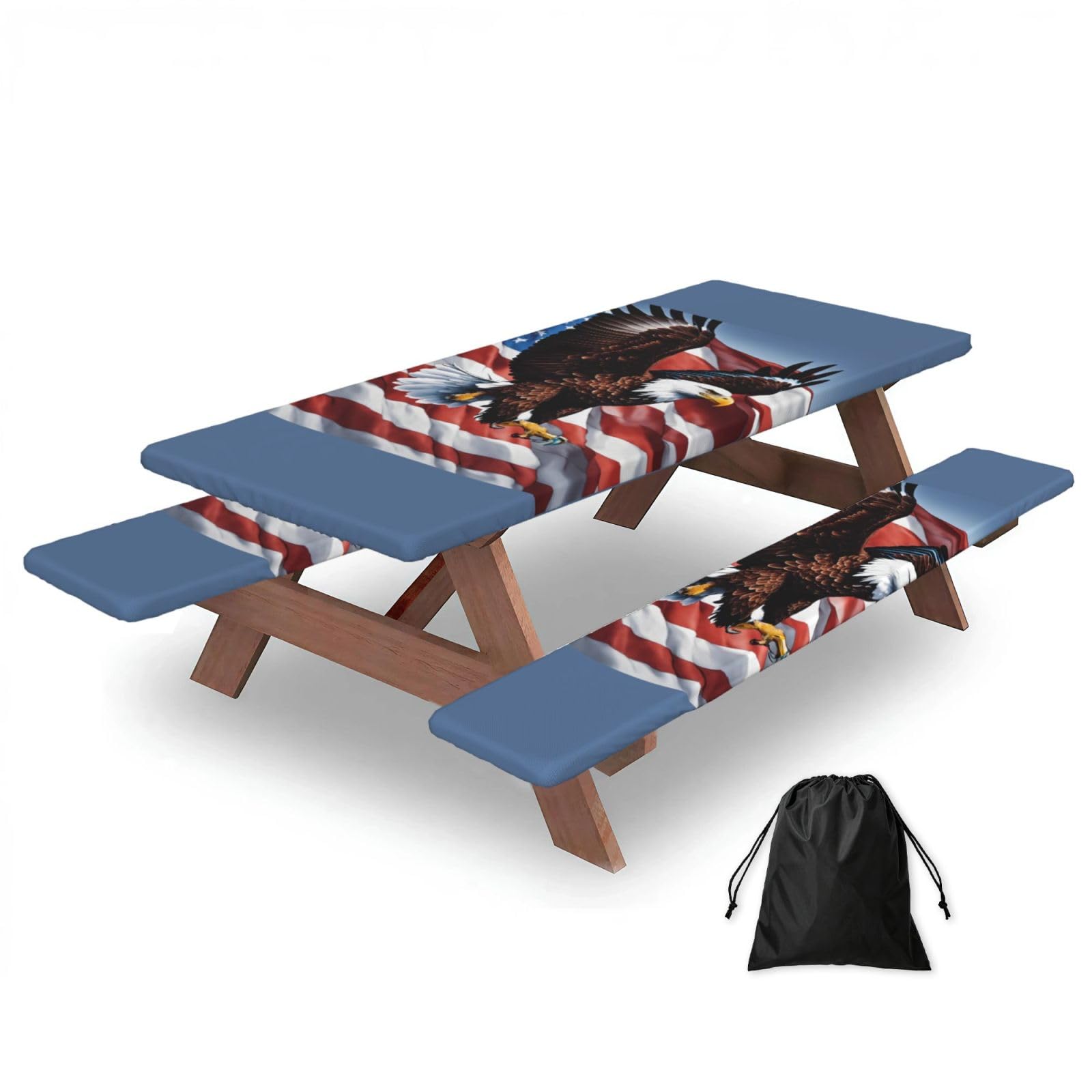 PPHGUT Eagle With Usa Flag Print Picnic Table Bench Cover Set Outdoor Garden Bbq Protector For Family Camping