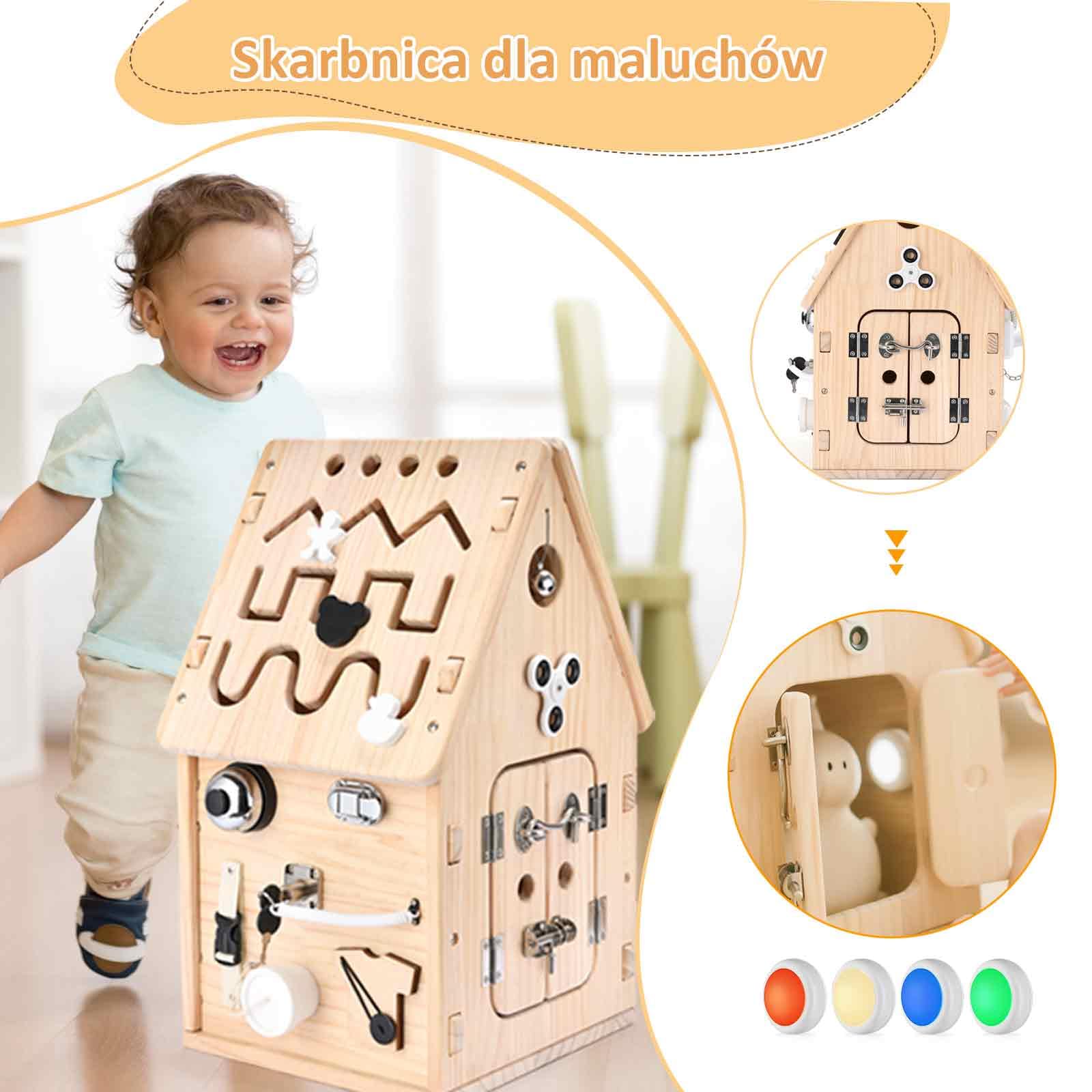 Montessori Drewniany Busy House Tablica Manipulacyjna Zabawka dla Małych Dzieci, Przedszkolna Zabawka Edukacyjna, Tablica Sensoryczna do Rozwoju Motoryki Małej, Prezent dla Chłopców i Dziewczynek