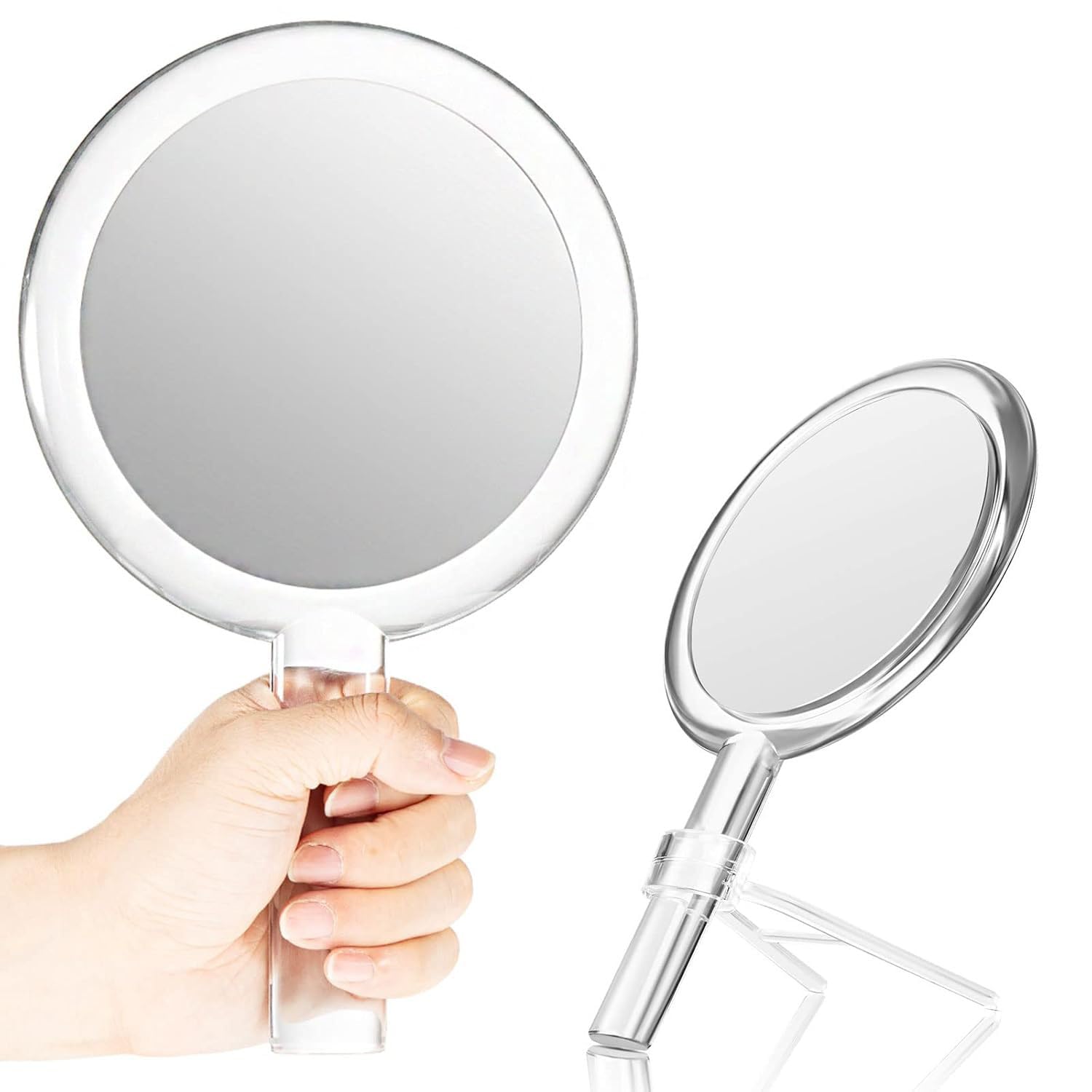 3X & 5X Magnifying Double Side Hand Makeup Mirror with Stand, Handheld Vanity Mirror, Clear