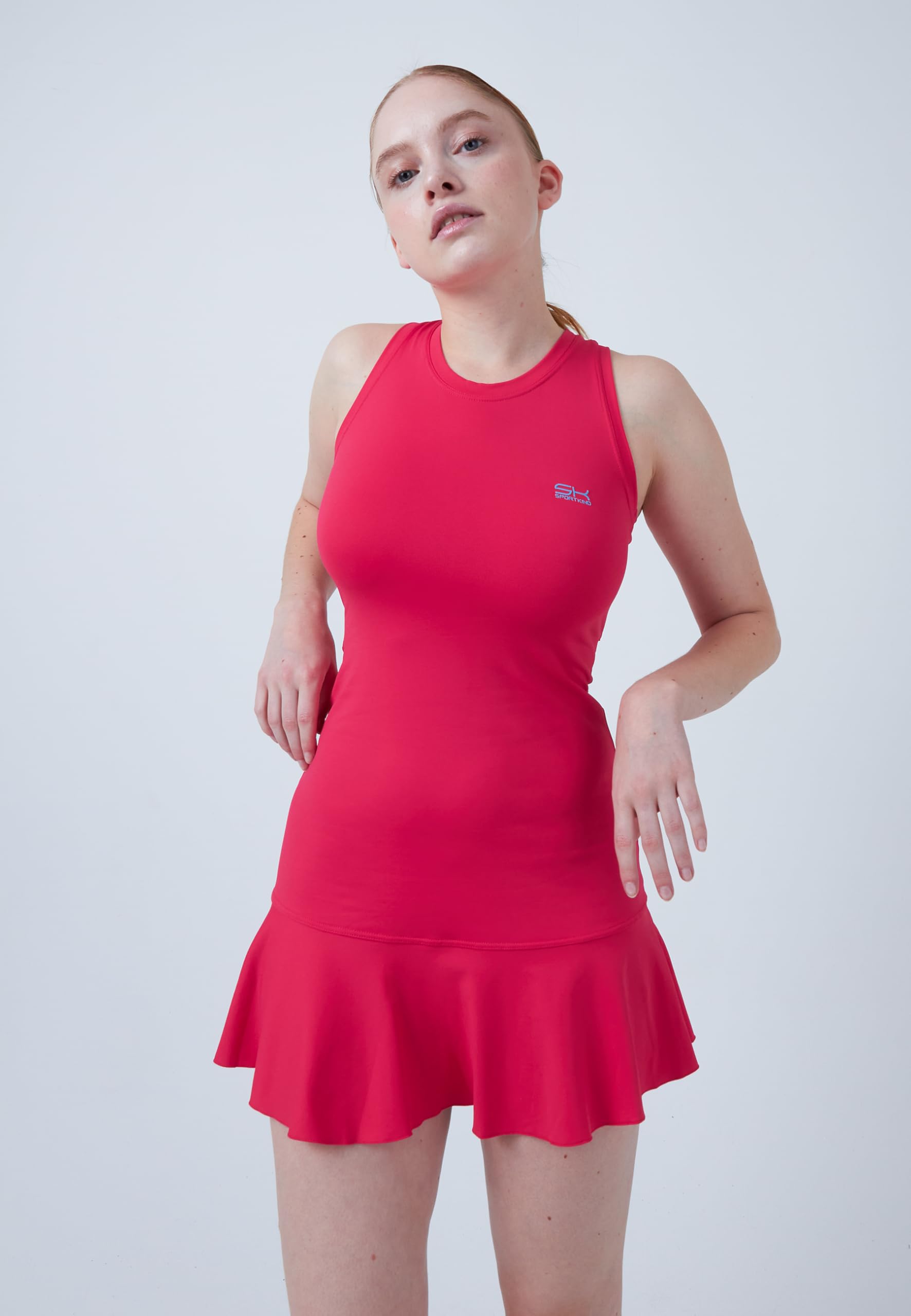 Sportkind Mädchen & Damen Tenniskleid Performance mit raffiniertem Rückenausschnitt UV-Schutz 50+ ärmellos Hibiscus pink Gr.