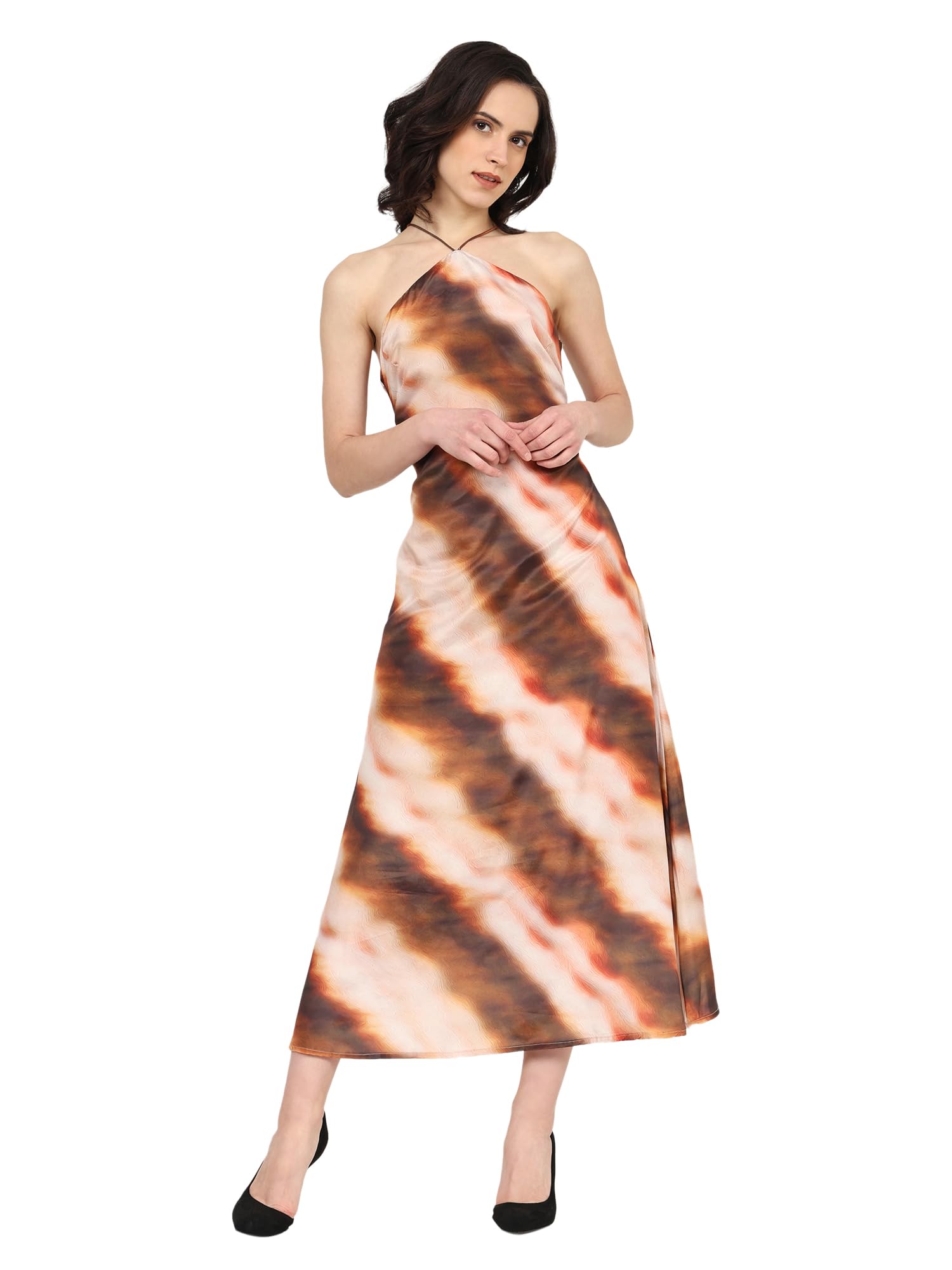 Yash GalleryPolyester Tie-Dye Fitted Dori Neck Off Shoulder Sleeveless Dress for Women