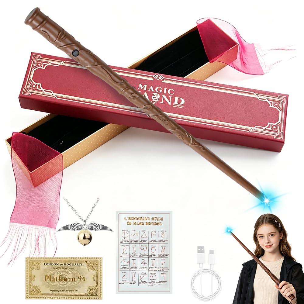 HIULLEN Wizard Wand, Magic Wand with Light, USB Charging Light Up Wand with Gift Box, Spell Card, Station Ticket and Necklace for Halloween Cosplay (A)
