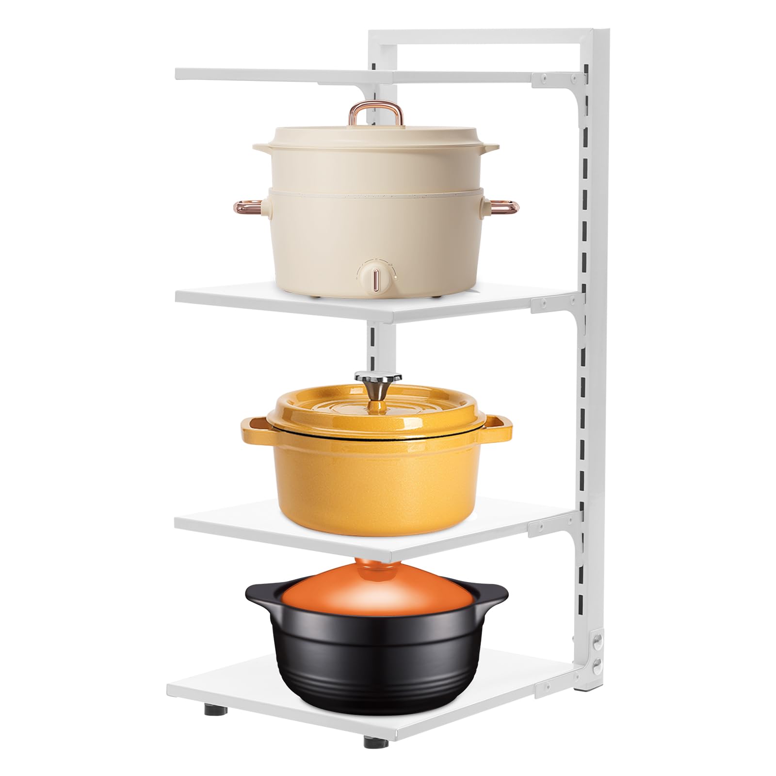 Fyssnn White 4 Tier Pots And Pans Organiser Rack Pan Organiser For Cupboard Adjustable Non-Slip Dividers Saucepan Storage Organizer Rack Suitable For Holding A Variety Of Kitchen Pots And Pans (White)