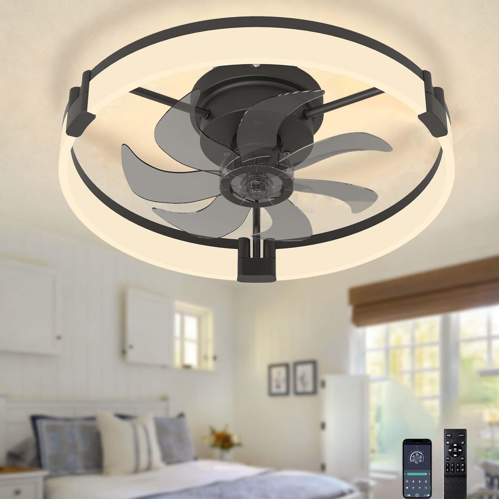 Ventilatore da Soffitto Con Luce 6 Velocità Reversibile Dimmerabile Lampada con Ventola 3 Temperature di Colore Funzione di Memoria Timer Include Telecomando e APP ，Nero