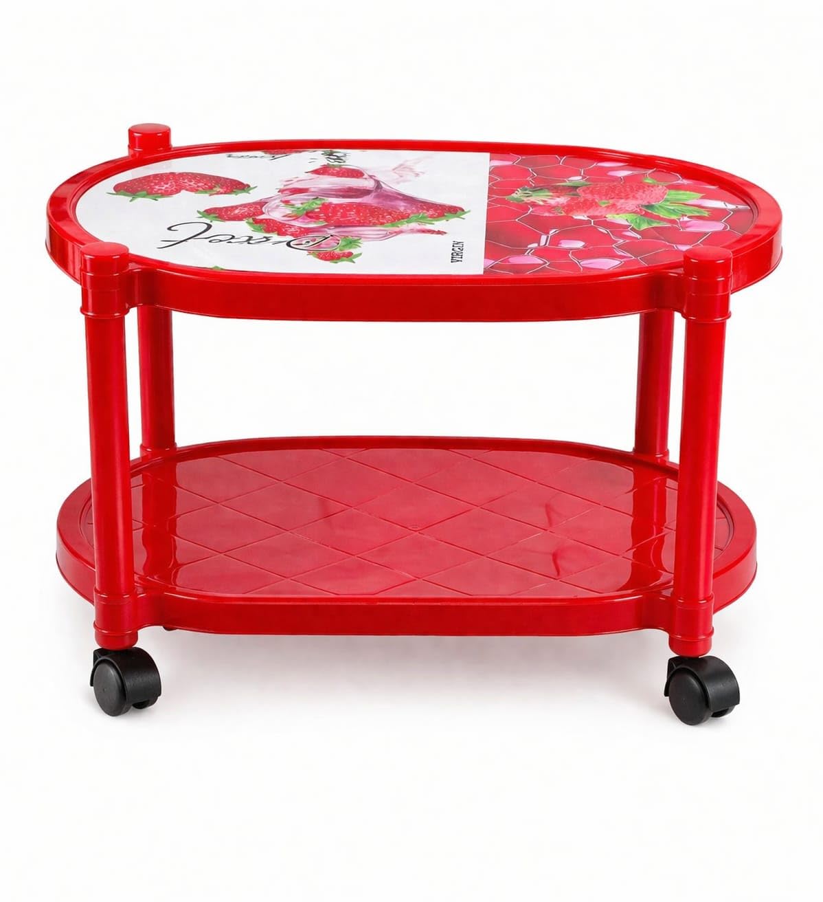 2-Layer Plastic Tea Trolley Table with Caster Wheels Red | Oval Shape, Portable Design, Printed Top Surface, Living Room & Kitchen, 2-Tier Storage-image-30