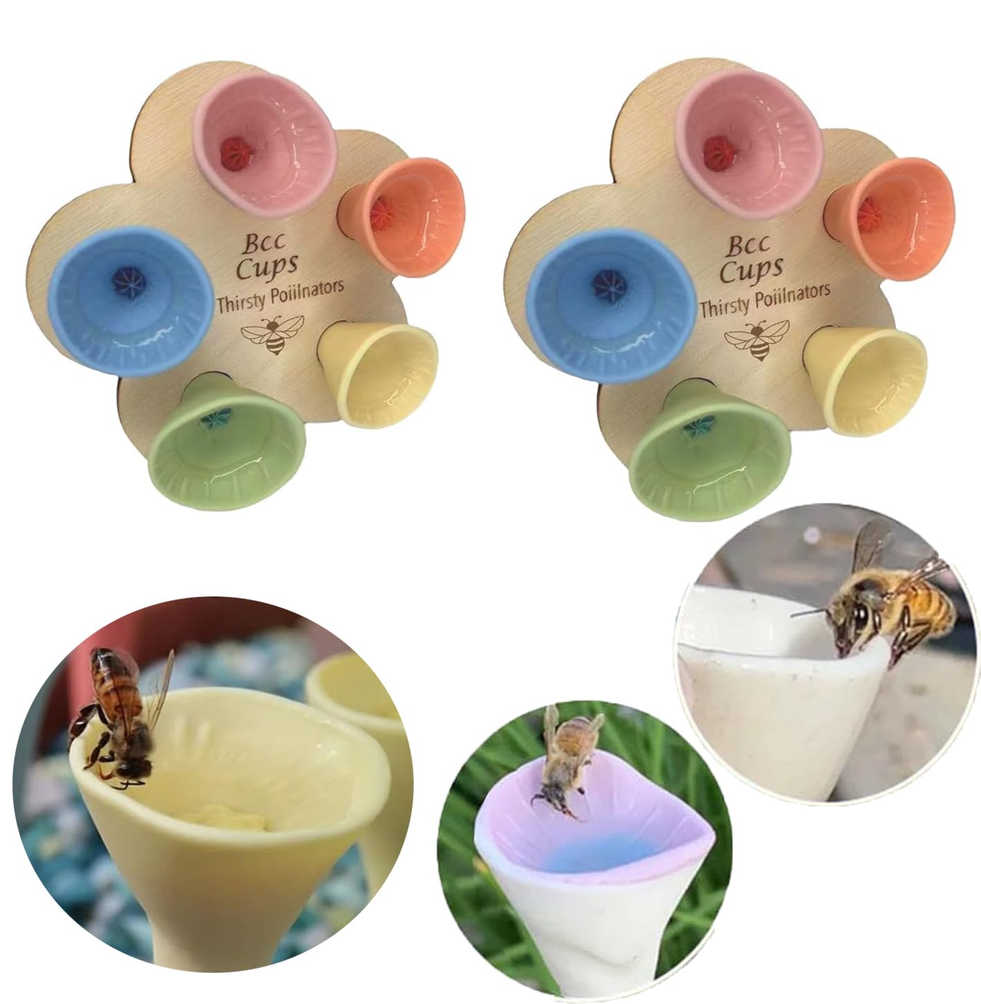 Bee Cups for Garden 2pcs Colorful Bee Drinking Cups Bee Watering Station Insect Bee Cups for Thirsty Pollinators Bee Waterer (Colorful Bee Cups for Garden, Set, 2)