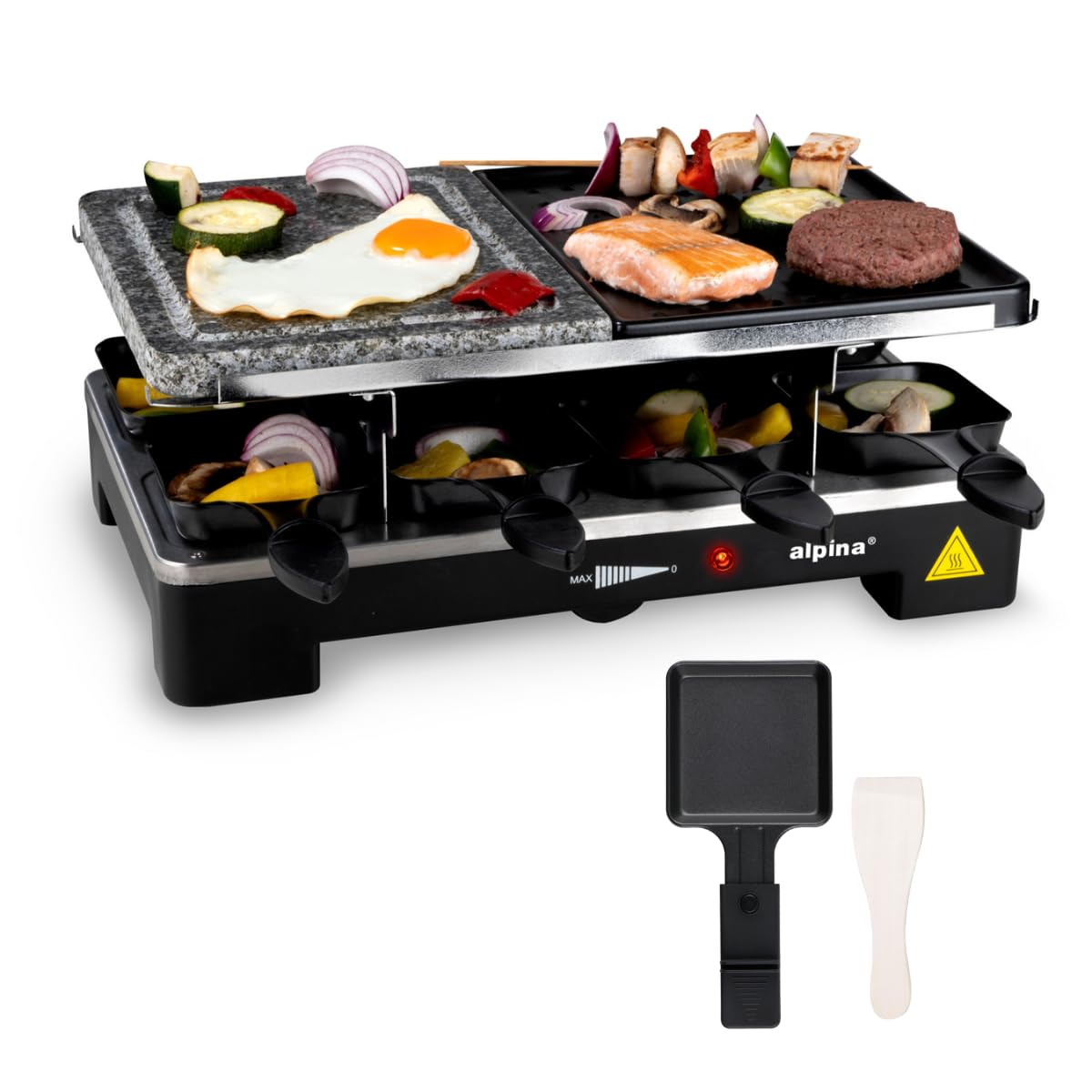 alpina Gril Pierre à Raclette - 8 Poêles - 8 Spatules - 1200-1400 Watt - Thermostat Gourmet Set Plaque de Cuisson