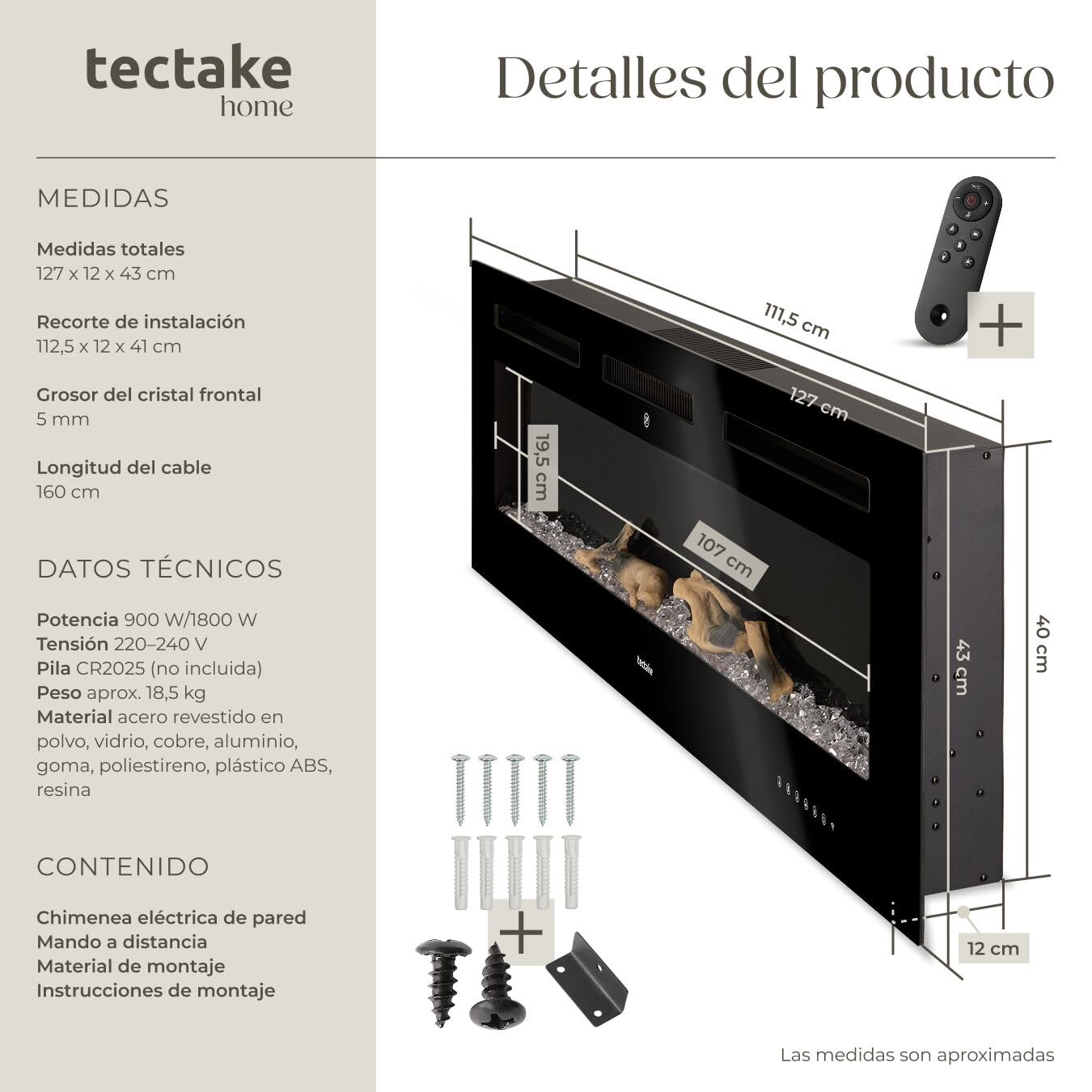 tectake® Chimenea Electrica Decorativa con Efecto Llama 3D, 2 Niveles de Calefacción, Control Remoto, Chimenea Eléctrica con Termostato Integrado, Protección Sobrecalentamiento - 12 x 127 x 43 cm
