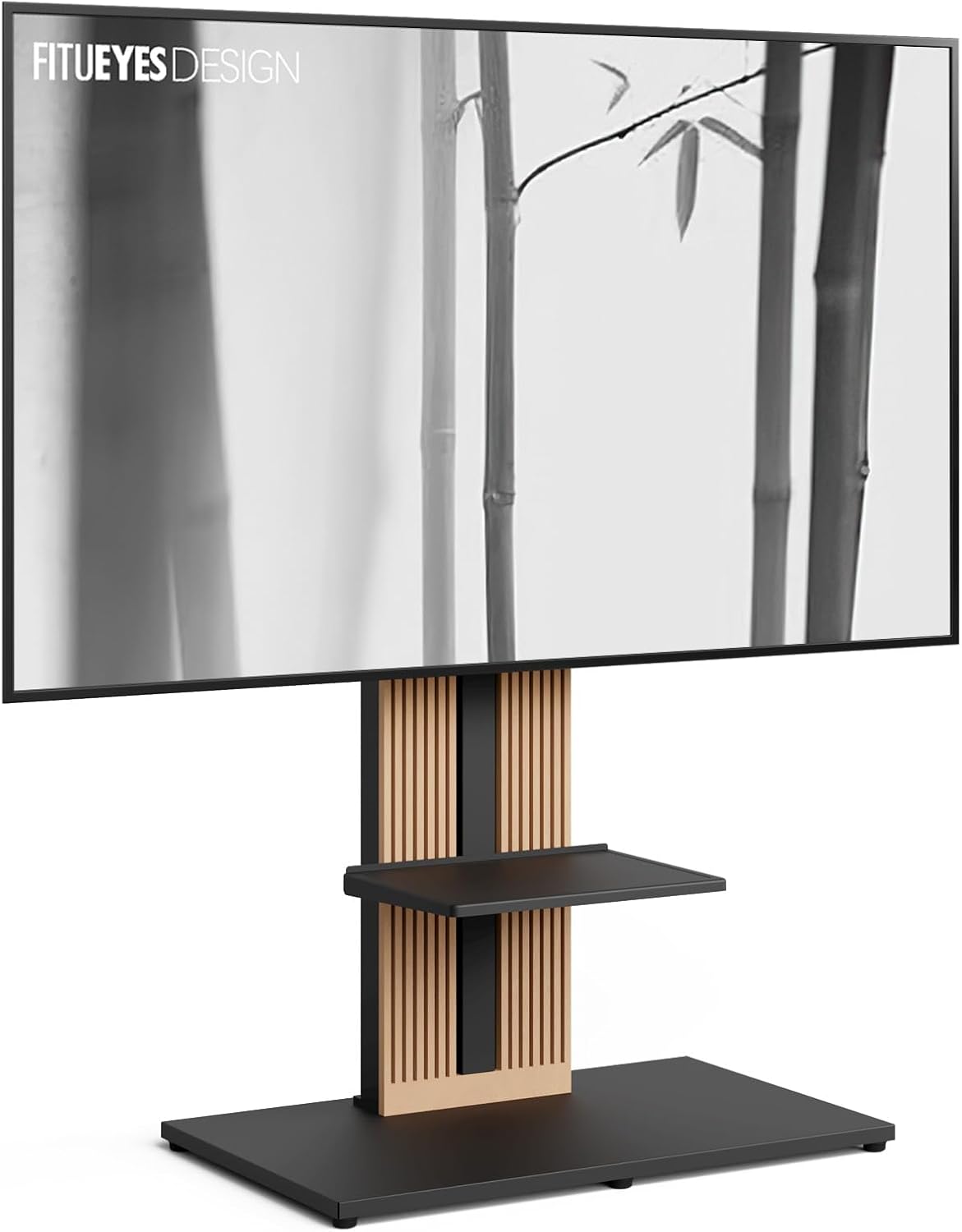 FITUEYES Design Wood TV Mount Stand Swivel for 55-88 inch TV Screens, Nordic Style Tall TV Floor Stand for Home Decor, Reinforced Base, Open Shelf and Hidden Back Storage, Zen Series