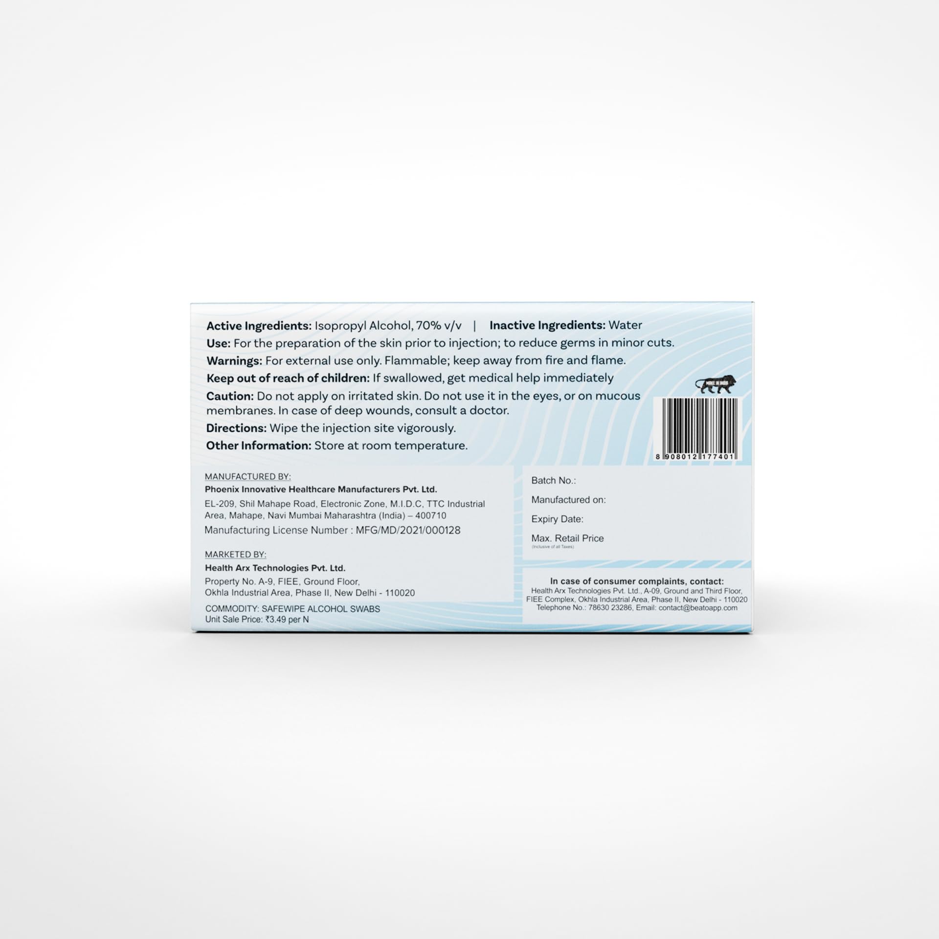 BeatO Safewipe Alcohol Swabs | Eliminate Harmful Bacteria, Viruses & Germs | Alcohol Swabs for Injection | Medical Use, Pre-Injection Skin Cleansing & First Aid | Pack of 100 1