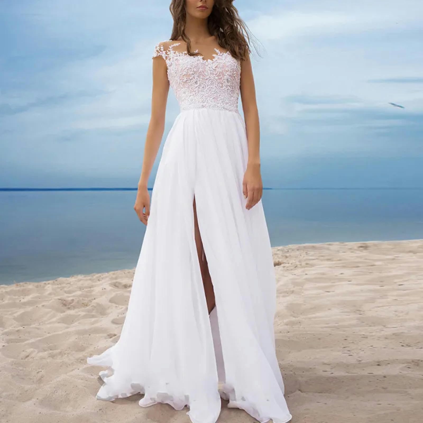 TEidea Vestito Donna Elegante Abito in Pizzo Senza Schienale Abito da Festa: Abito da Sposa Bianco con Maniche Corte E Back-Up
