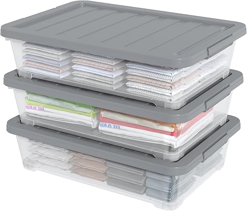 Paquete de 3 cajas de almacenamiento de plástico de 40 cuartos de galón con tapas, grandes contenedores de almacenamiento debajo de la cama con