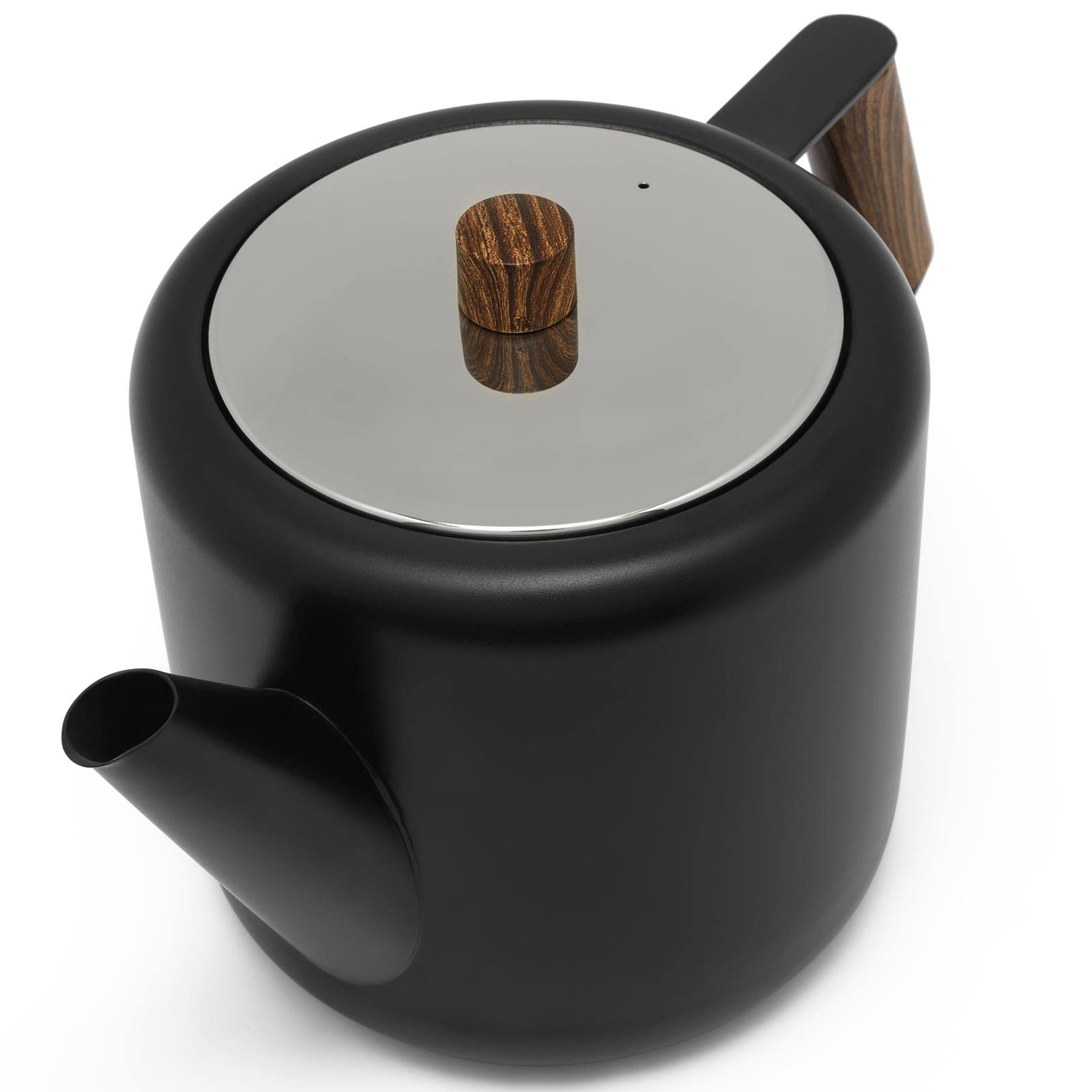 Bredemeijer Teekanne Set 1.1 Liter - Edelstahl doppelwandig Schwarz - Großer moderner Teebereiter mit Tee-Filter-Sieb-Aufsatz für losen Tee - inkl. Holz-Untersetzer schwarz