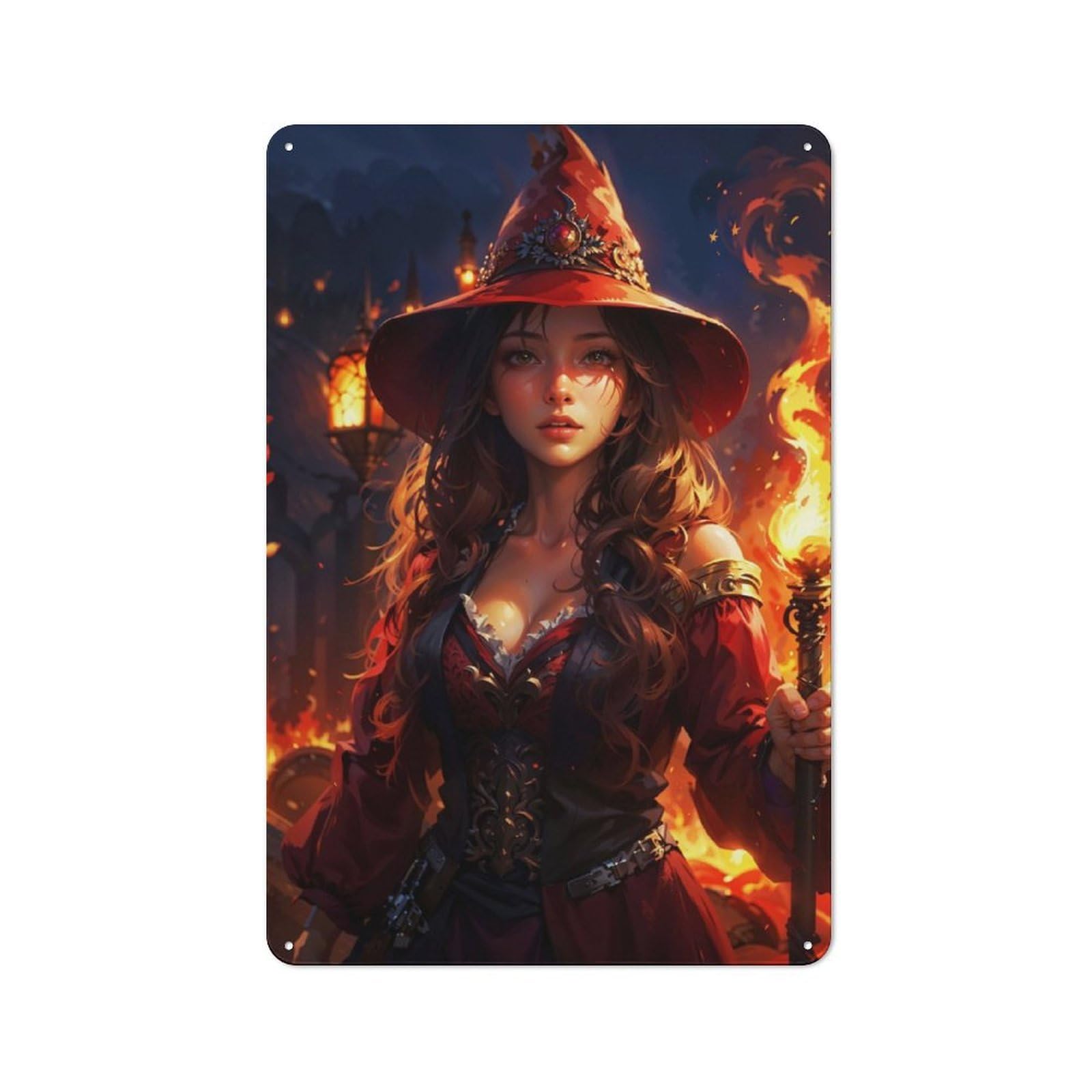 Industrial Tin Wall Sign 30x20cm Featuring Magical Woman Wizard, Urban Room Decor for Workspace, Cafe, Hallway Or Garage