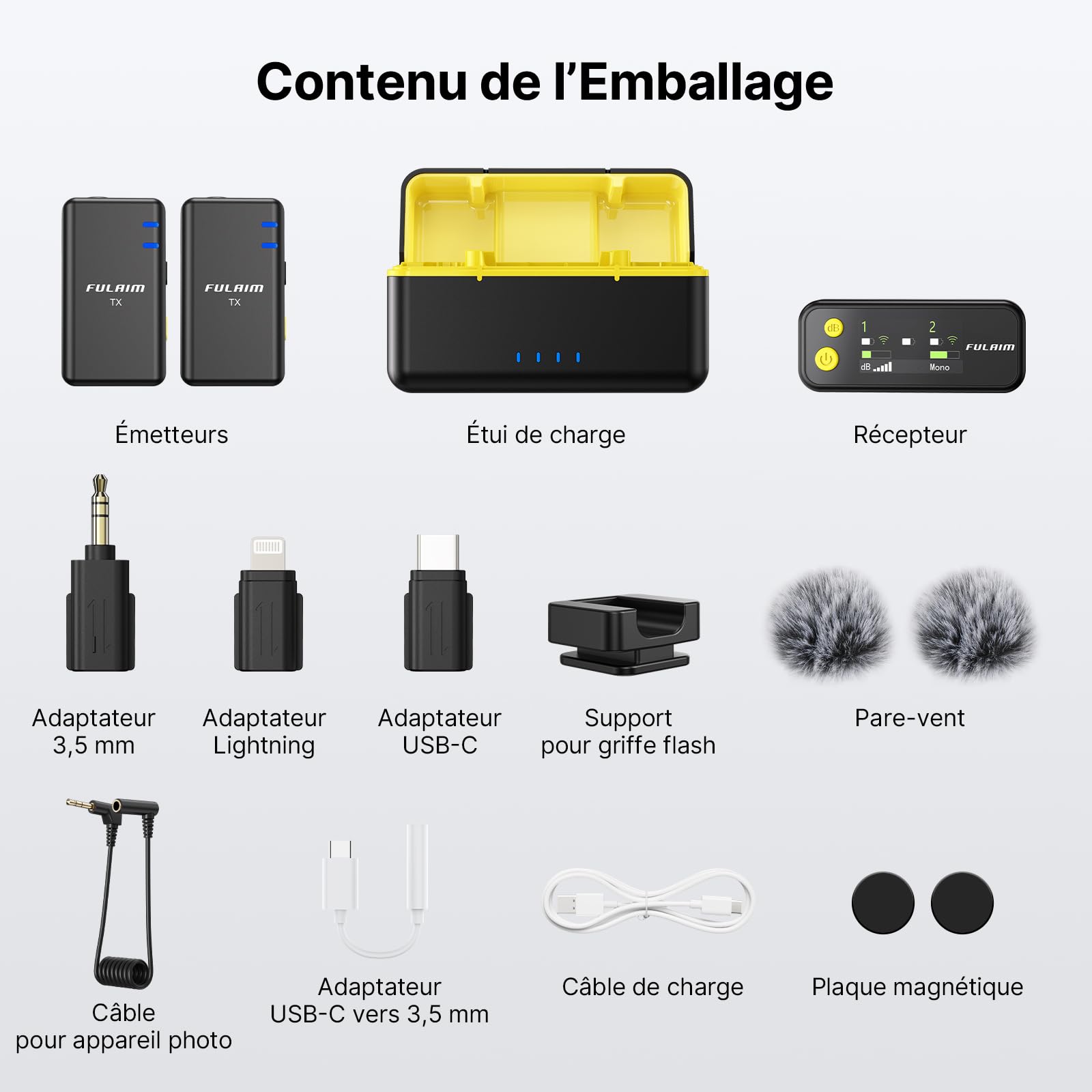 FULAIM X5M Micro Cravate sans Fil (2TX+1RX+Étui de Chargement), Lavalier Microphone Système avec Enregistrement embarqué 4G, Wireless Microphone pour iPhone Android Caméra Youtube VLOG TIK Tok