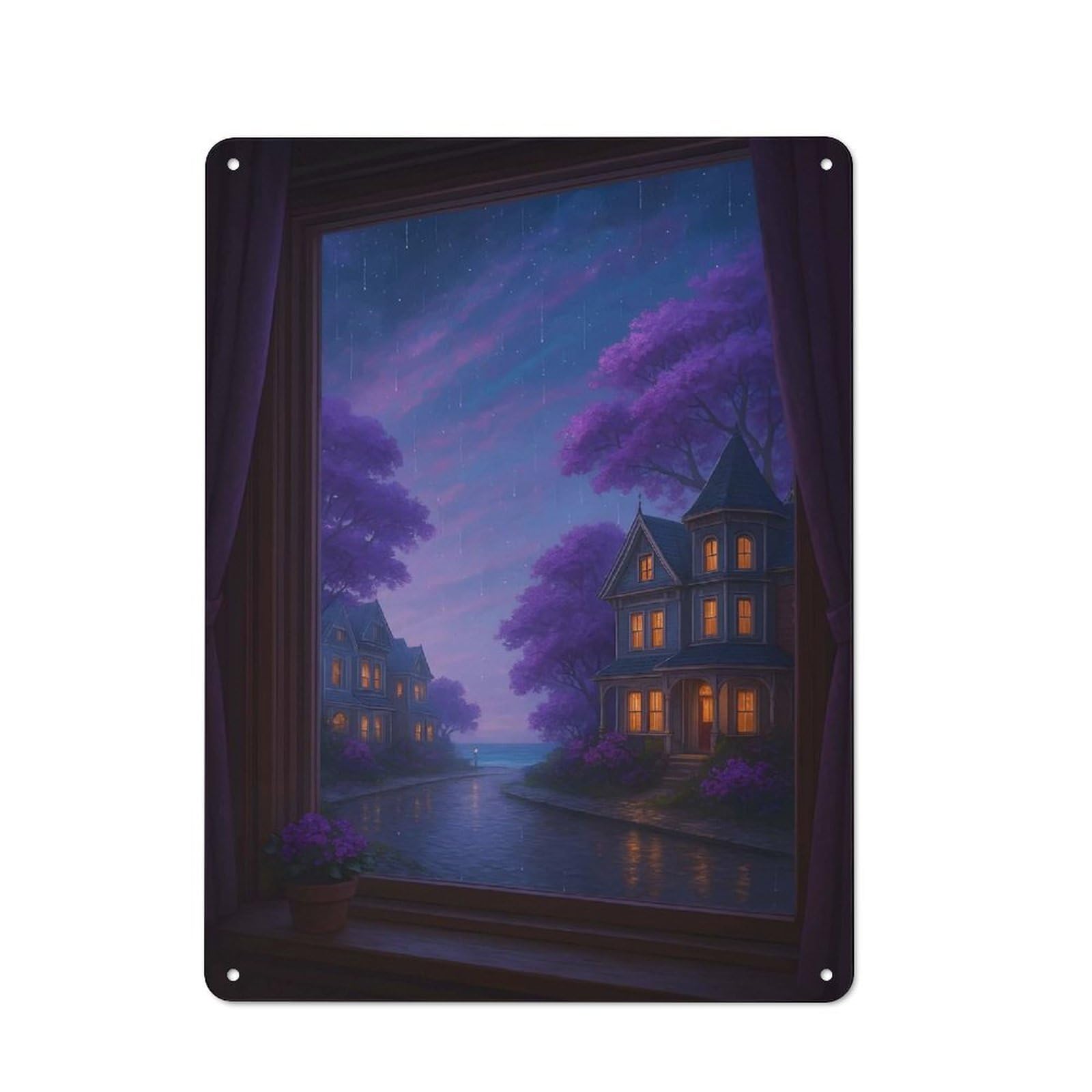 Junmoney Style-17 Rainy Night In Purple Hues Retro-Style Tin Wall Plaque 40X30cm For Café Or Home Bar, For Themed Interiors In Cafés And Home Bars
