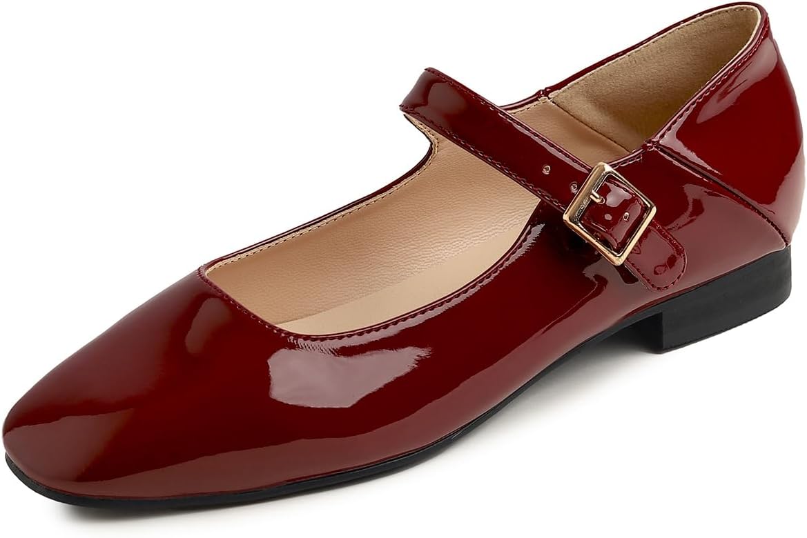 Sq Maryjane Burgundy Vegan Patent Stack Heel