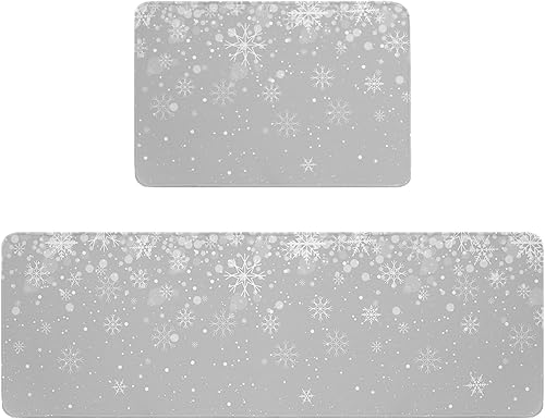 Carosoffe Juego de 2 alfombras de cocina grises con copos de nieve navideños, antideslizantes, suaves, absorbentes, para cocina, baño, sala de