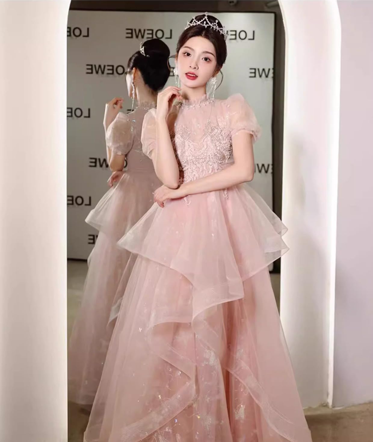 [YUANYUAN] CREAMドレス ワンピース ロング丈 クルーネック チュール 刺繍 レース ハイウエスト お姫様 ワンピース