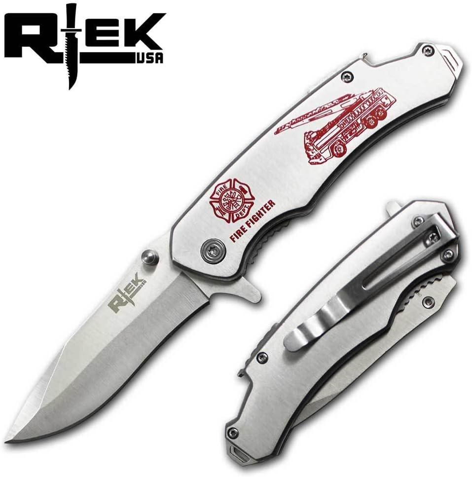 RTek 8" Overall Tactical Bottle Opener Folding Spring Assisted Open Pocket Knife 7 Variations Army, Navy, Marines, Special Forces, Fire Fighter, Police, Air Force (Fire Fighter)