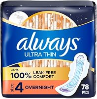 Always Ultra Thin Overnight Pads with Wings Size 4, 78 Count - 100% Leak-Free Sleep Protection