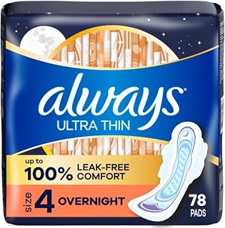 Always Ultra Thin Overnight Pads with Wings Size 4, 78 Count - 100% Leak-Free Sleep Protection