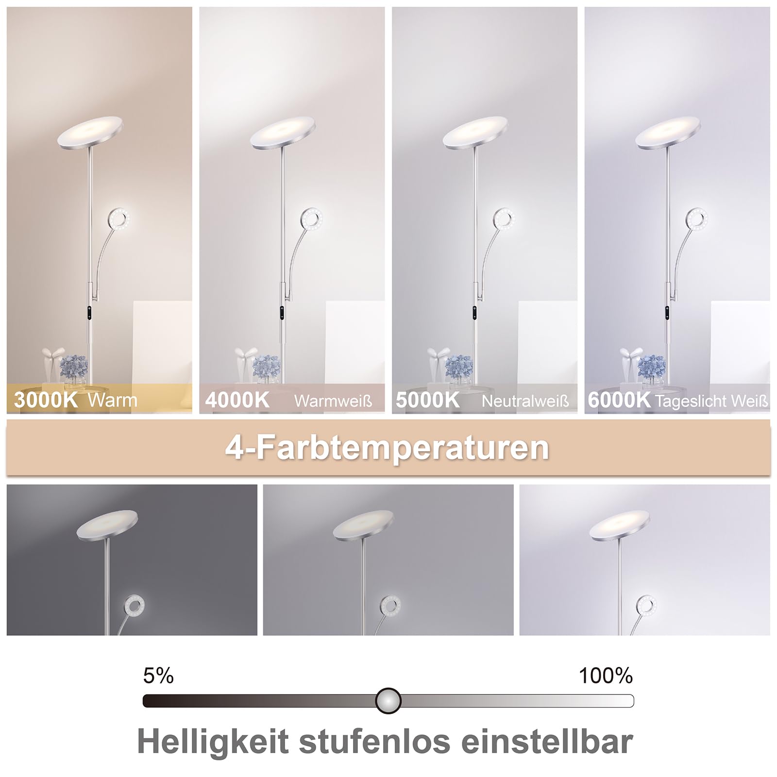 Modlicht 35W Stehlampe LED Dimmbar Silber, 4200LM Deckenfluter LED mit Leselampe, 3000-6000K Stehleuchte Wohnzimmer mit Fernbedienung & Touch-Steuerung, Stehlampe Leselampe für Schlafzimmer Büro