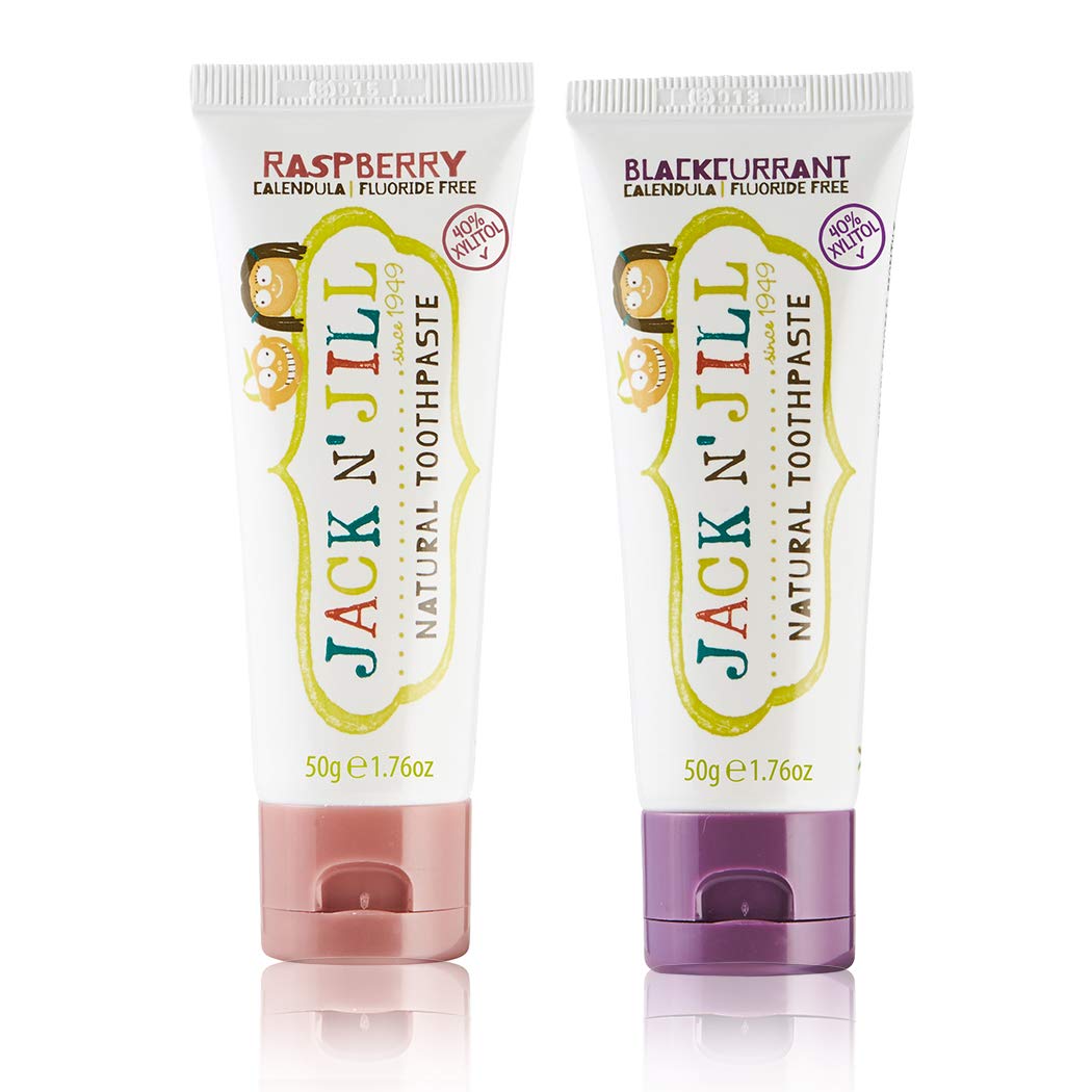 Jack N’Jill Dentifrice naturel Kids Sans Fluorure, Aide à apaiser les gencives, Dentifrice pour bébé, tout-petit et enfants 6 mois Plus Cassis et framboise Bundle 2 x 50g
